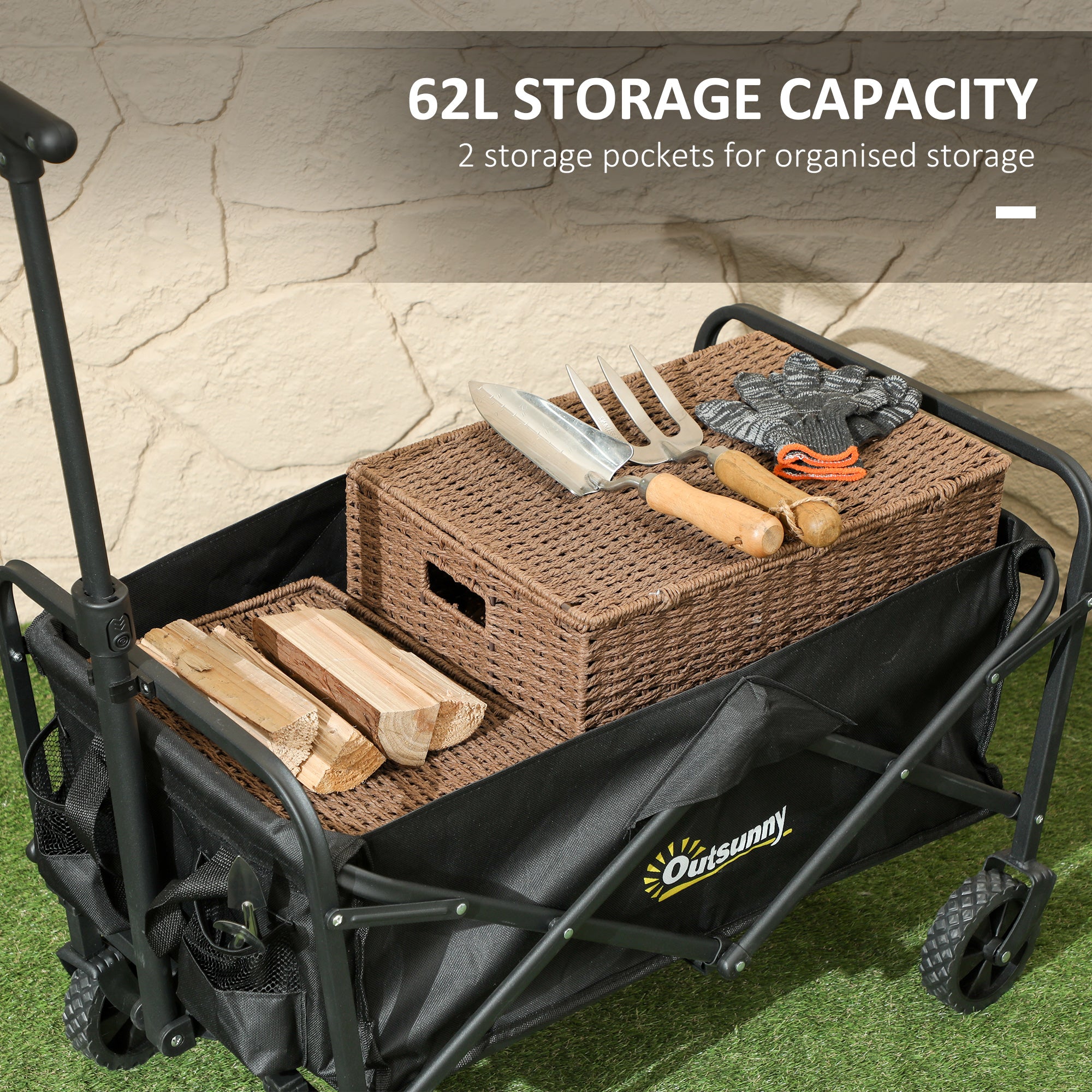 Outsunny Collapsible Folding Wagon Cart, Heavy Duty Outdoor Utility Garden Cart with Universal Wheels and Adjustable Handle for Sports, Camping, Shopping, Black