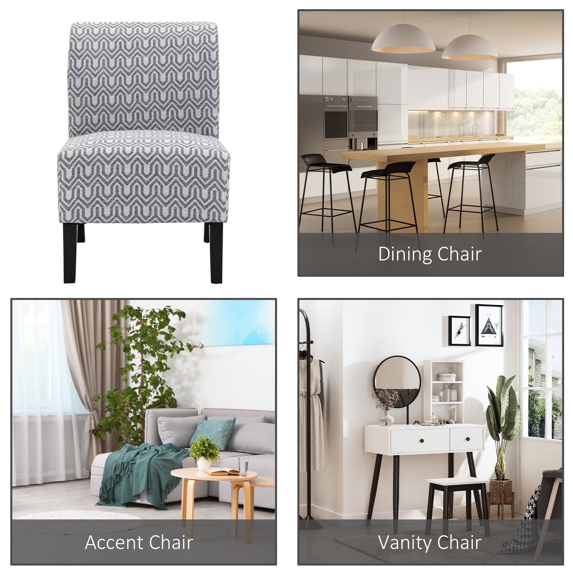 HOMCOM Armless Accent Chair for Bedroom, Upholstered Slipper Side Chair for Living Room with Wood Legs, Grey