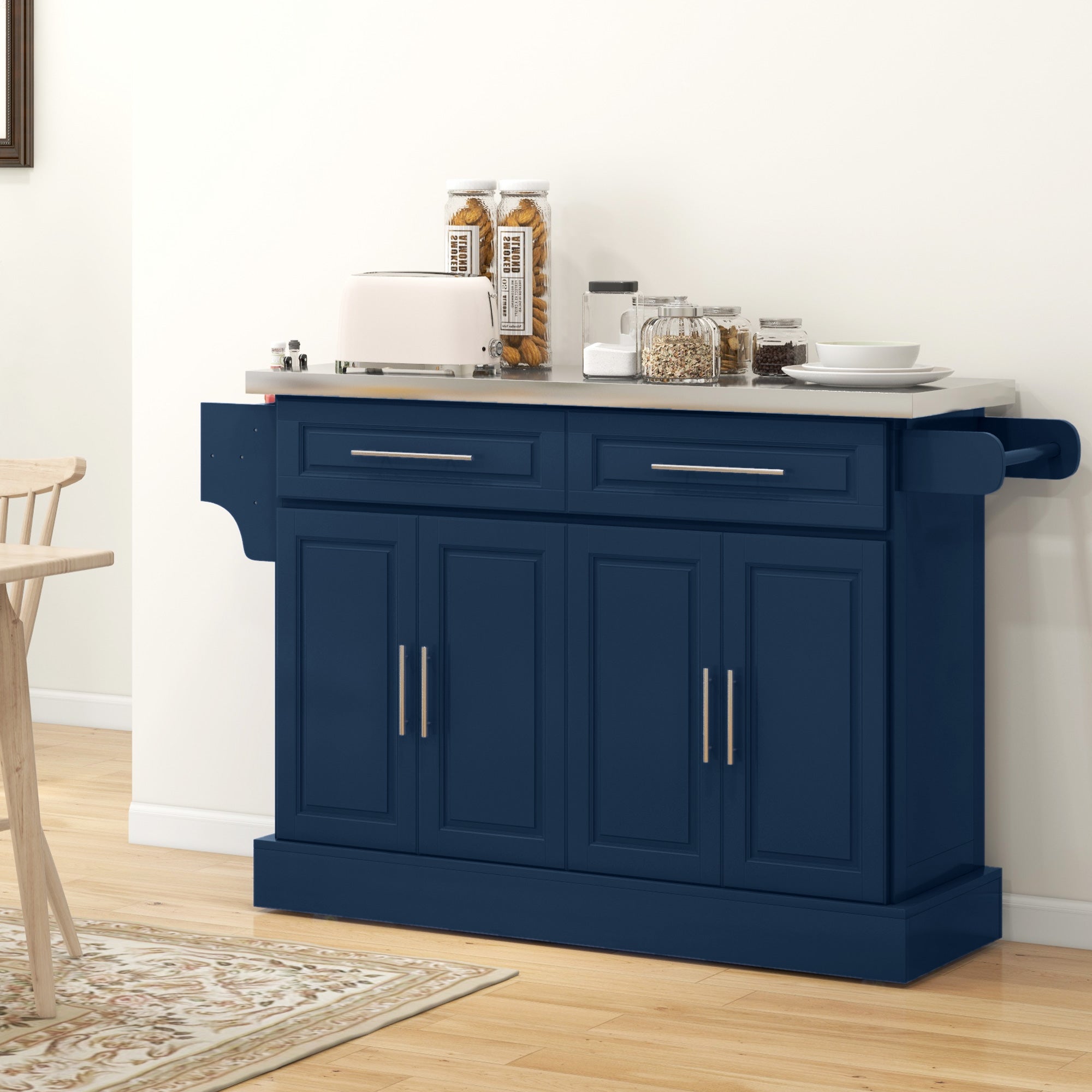 HOMCOM Kitchen Island with Storage, Rolling Kitchen Cart on Wheels with Stainless Steel Top, 2 Drawers, 2 Cabinets, Spice Rack, Knife and Towel Rack, Navy Blue