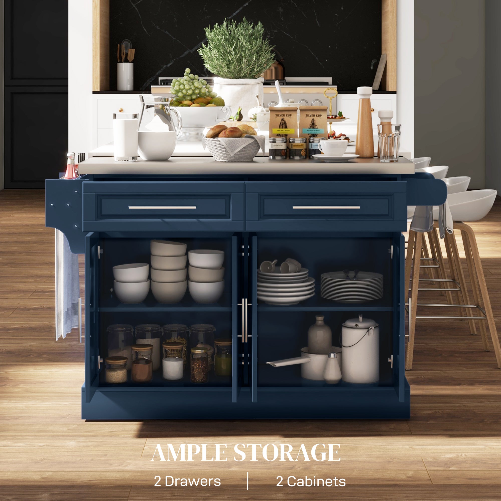 HOMCOM Kitchen Island with Storage, Rolling Kitchen Cart on Wheels with Stainless Steel Top, 2 Drawers, 2 Cabinets, Spice Rack, Knife and Towel Rack, Navy Blue