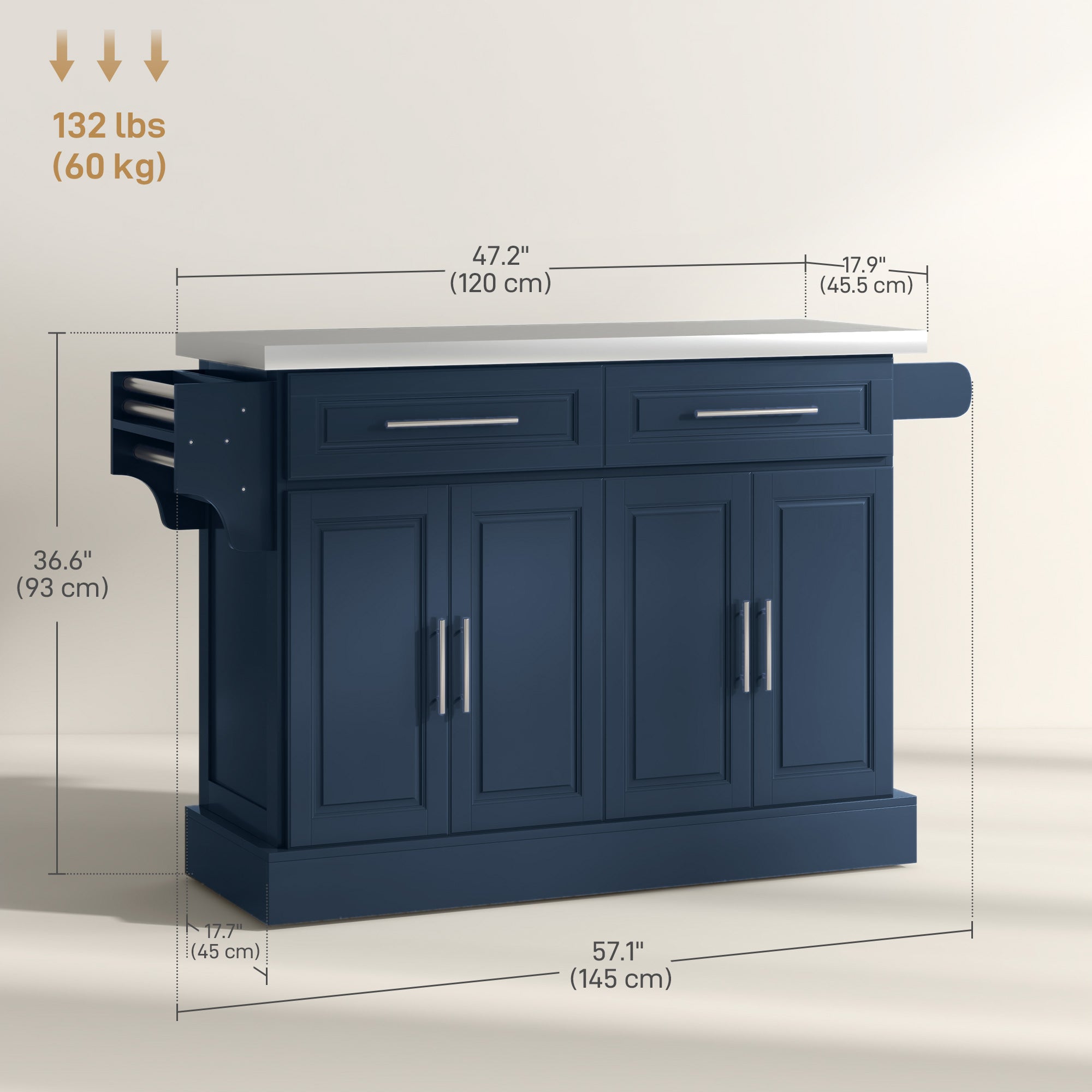 HOMCOM Kitchen Island with Storage, Rolling Kitchen Cart on Wheels with Stainless Steel Top, 2 Drawers, 2 Cabinets, Spice Rack, Knife and Towel Rack, Navy Blue