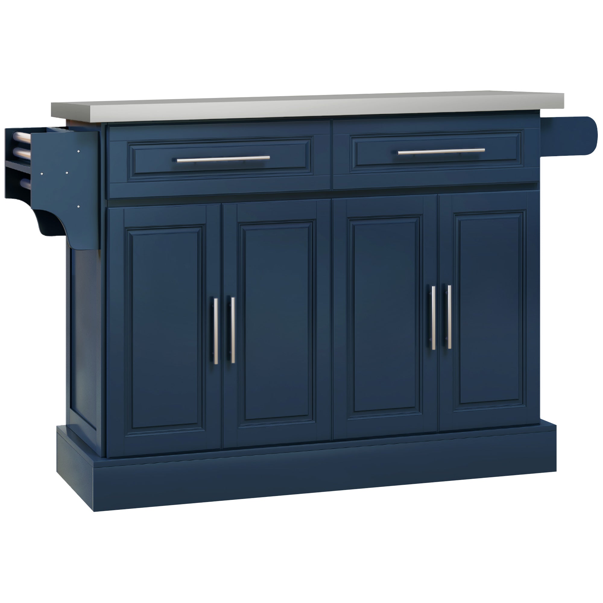 HOMCOM Kitchen Island with Storage, Rolling Kitchen Cart on Wheels with Stainless Steel Top, 2 Drawers, 2 Cabinets, Spice Rack, Knife and Towel Rack, Navy Blue