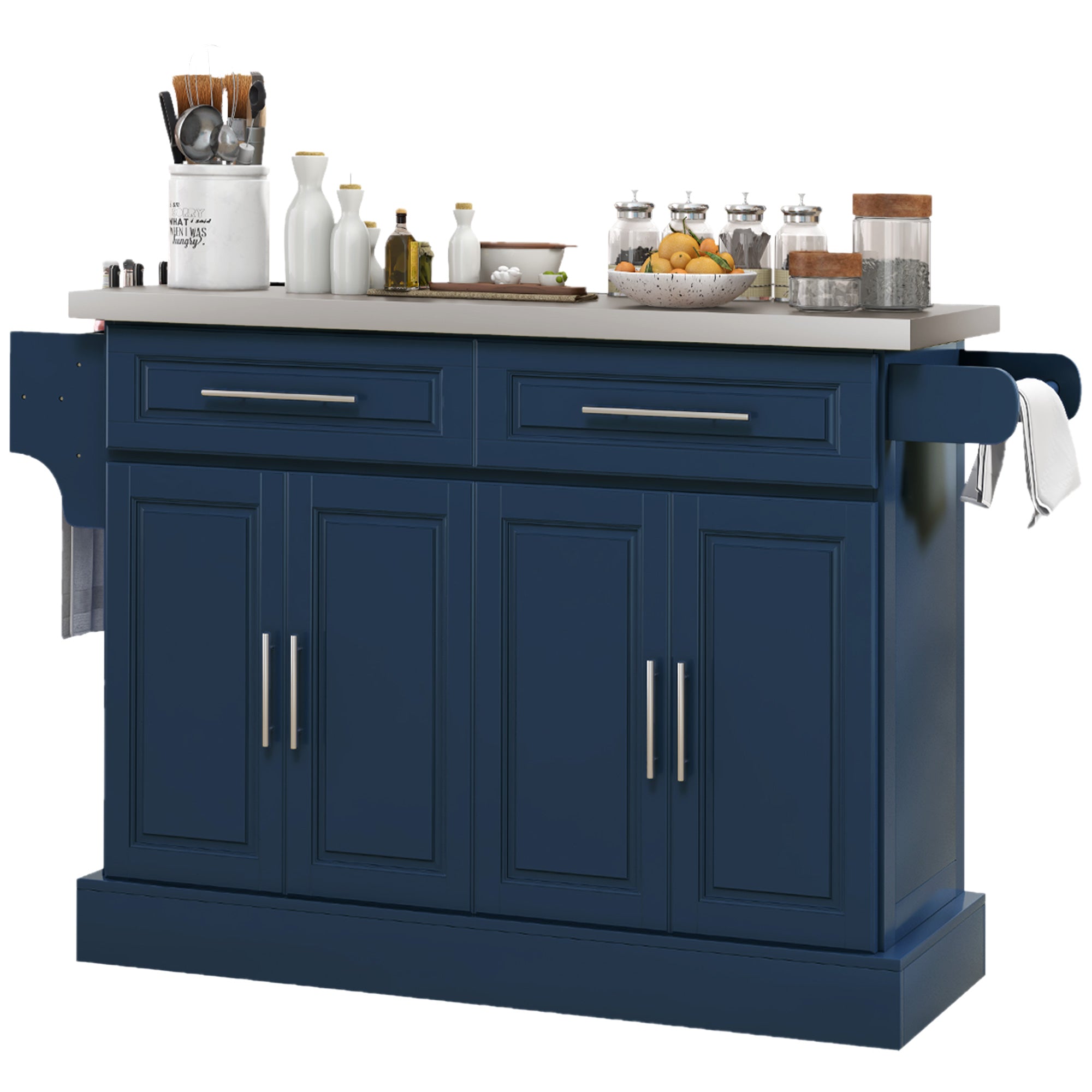 HOMCOM Kitchen Island with Storage, Rolling Kitchen Cart on Wheels with Stainless Steel Top, 2 Drawers, 2 Cabinets, Spice Rack, Knife and Towel Rack, Navy Blue