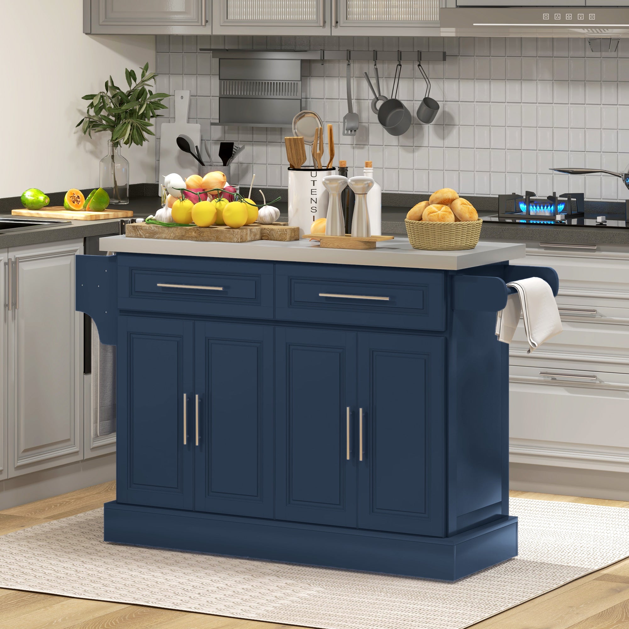 HOMCOM Kitchen Island with Storage, Rolling Kitchen Cart on Wheels with Stainless Steel Top, 2 Drawers, 2 Cabinets, Spice Rack, Knife and Towel Rack, Navy Blue