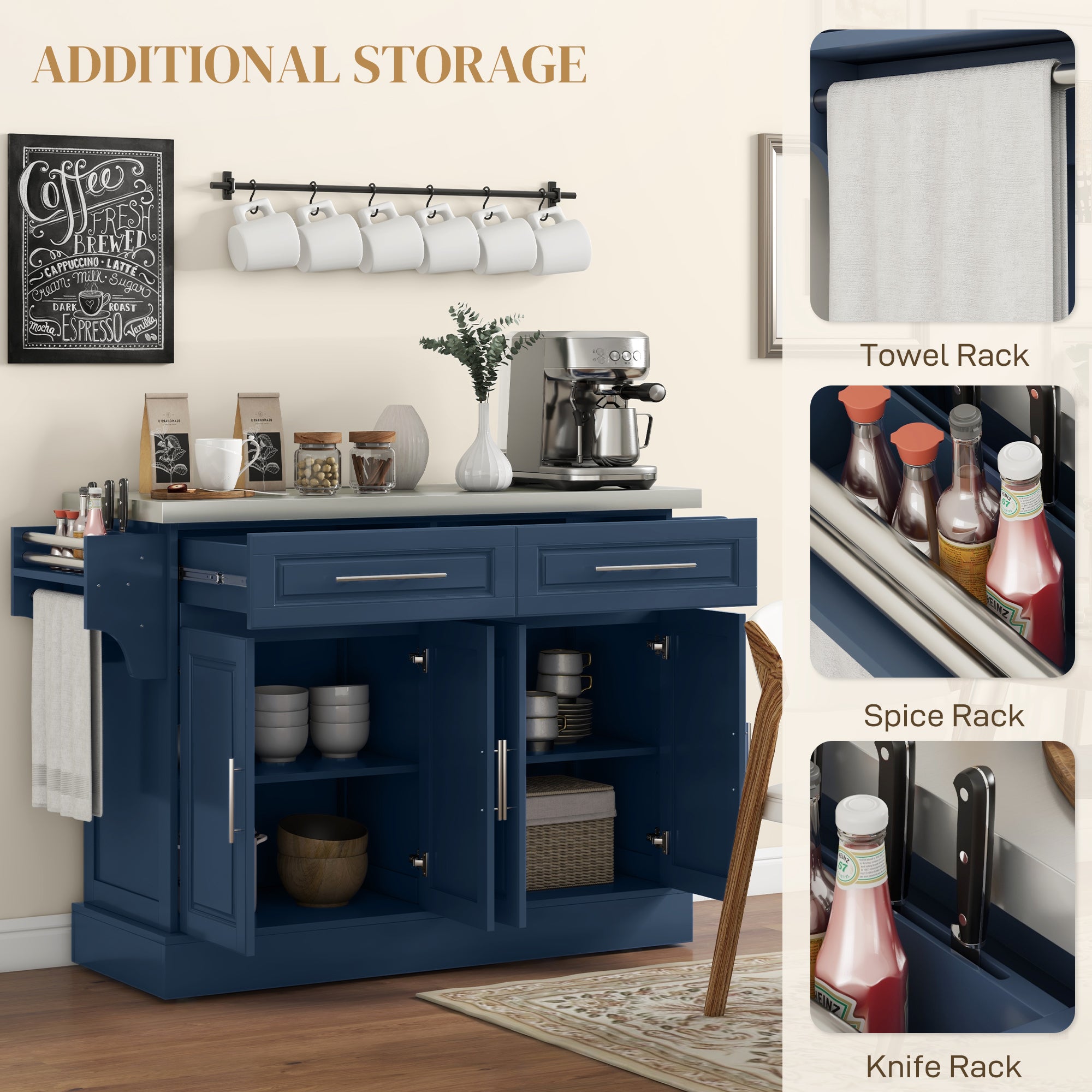 HOMCOM Kitchen Island with Storage, Rolling Kitchen Cart on Wheels with Stainless Steel Top, 2 Drawers, 2 Cabinets, Spice Rack, Knife and Towel Rack, Navy Blue