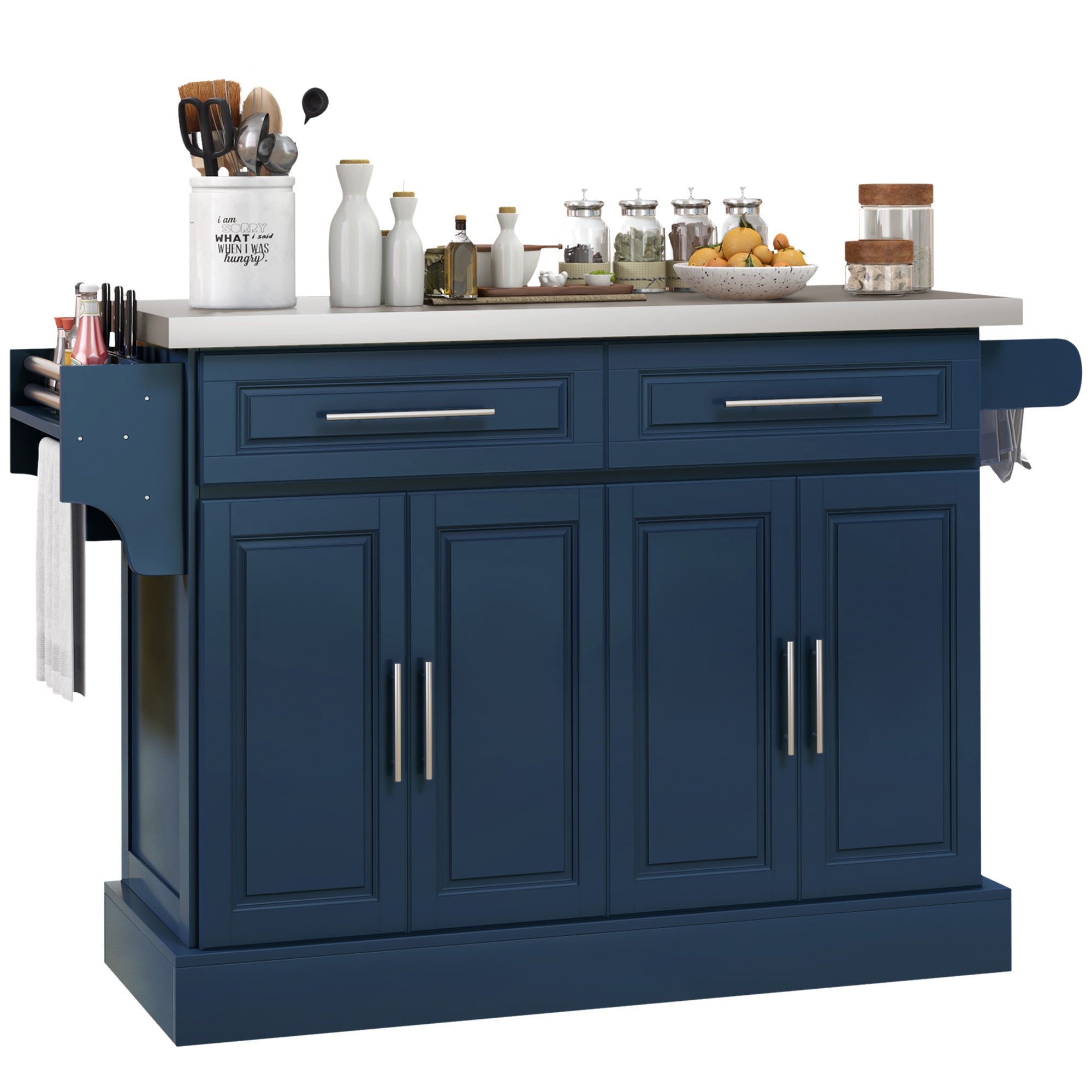 HOMCOM Kitchen Island with Storage, Rolling Kitchen Cart on Wheels with Stainless Steel Top, 2 Drawers, 2 Cabinets, Spice Rack, Knife and Towel Rack, Navy Blue