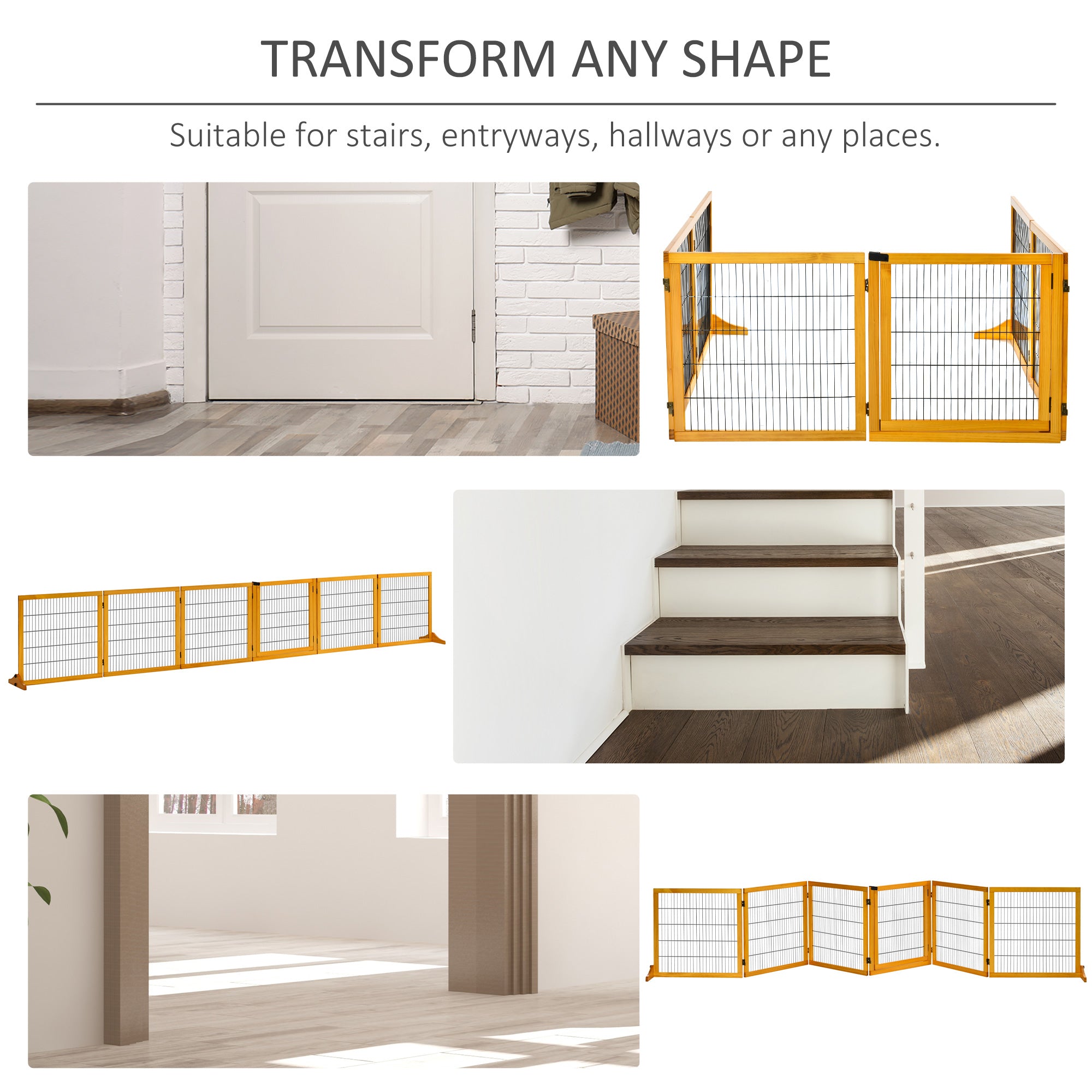 PawHut Wooden Pet Gate, Dog Safety Barrier, Freestanding Foldable Fence, w/ 6 Panels, 2 Support Feet, for House Doorway Stairs, Small & Medium Dogs, Yellow