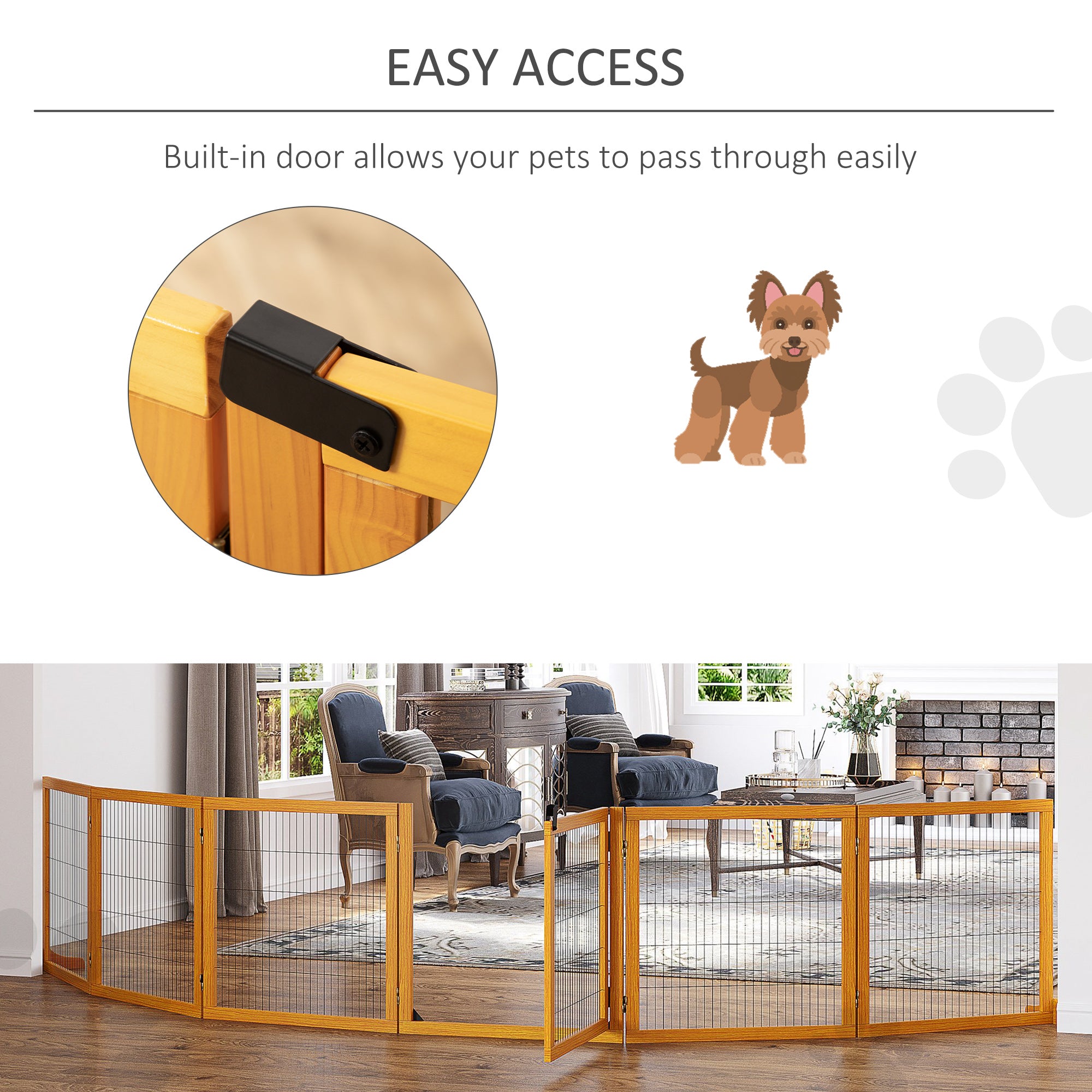 PawHut Wooden Pet Gate, Dog Safety Barrier, Freestanding Foldable Fence, w/ 6 Panels, 2 Support Feet, for House Doorway Stairs, Small & Medium Dogs, Yellow