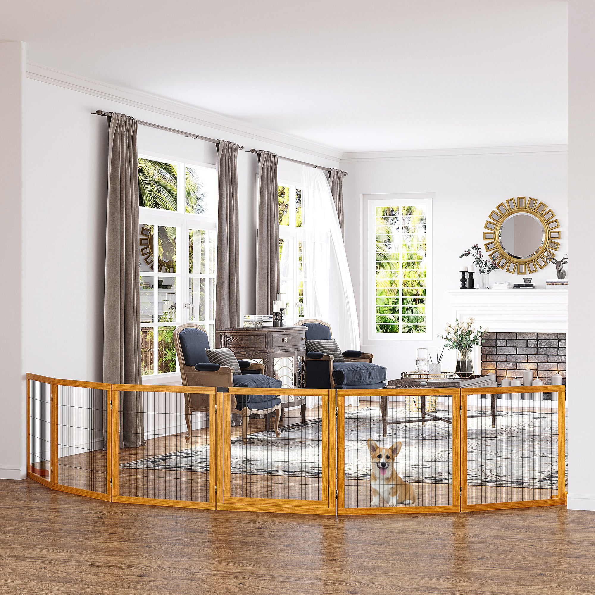 PawHut Wooden Pet Gate, Dog Safety Barrier, Freestanding Foldable Fence, w/ 6 Panels, 2 Support Feet, for House Doorway Stairs, Small & Medium Dogs, Yellow