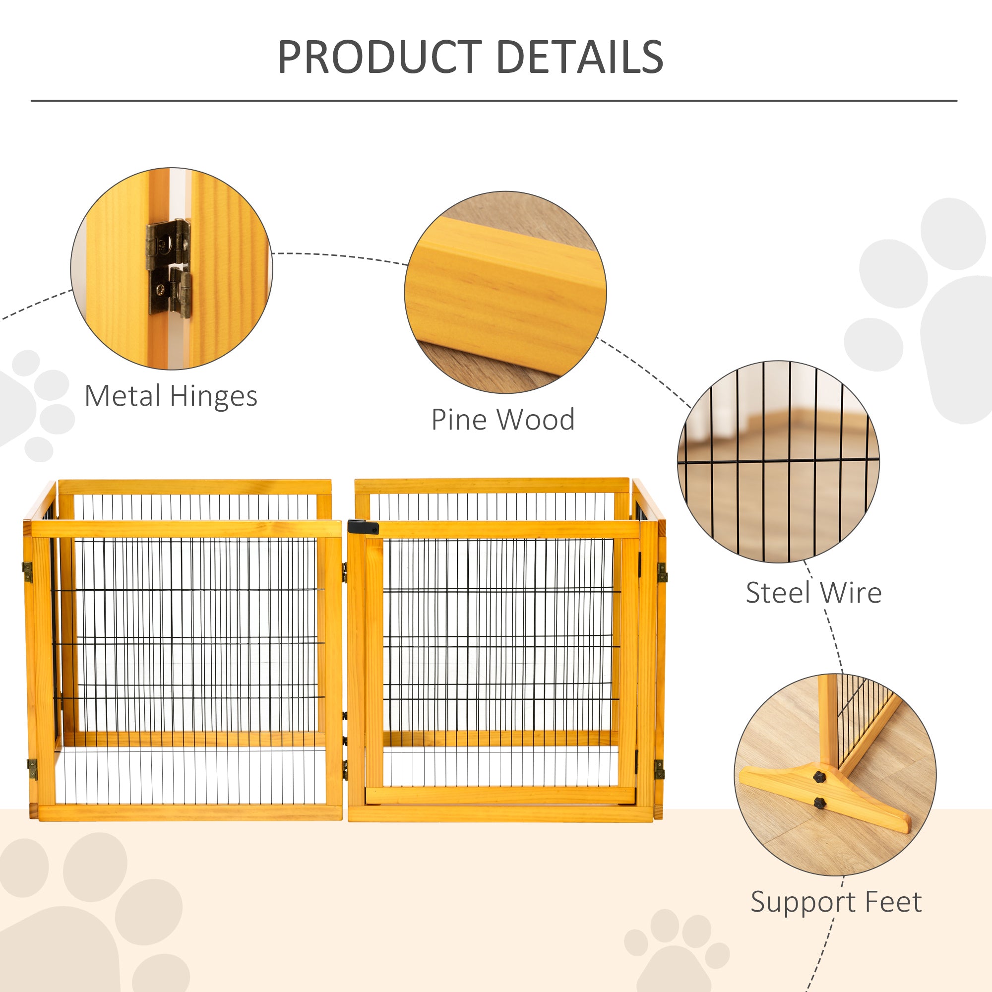 PawHut Wooden Pet Gate, Dog Safety Barrier, Freestanding Foldable Fence, w/ 6 Panels, 2 Support Feet, for House Doorway Stairs, Small & Medium Dogs, Yellow