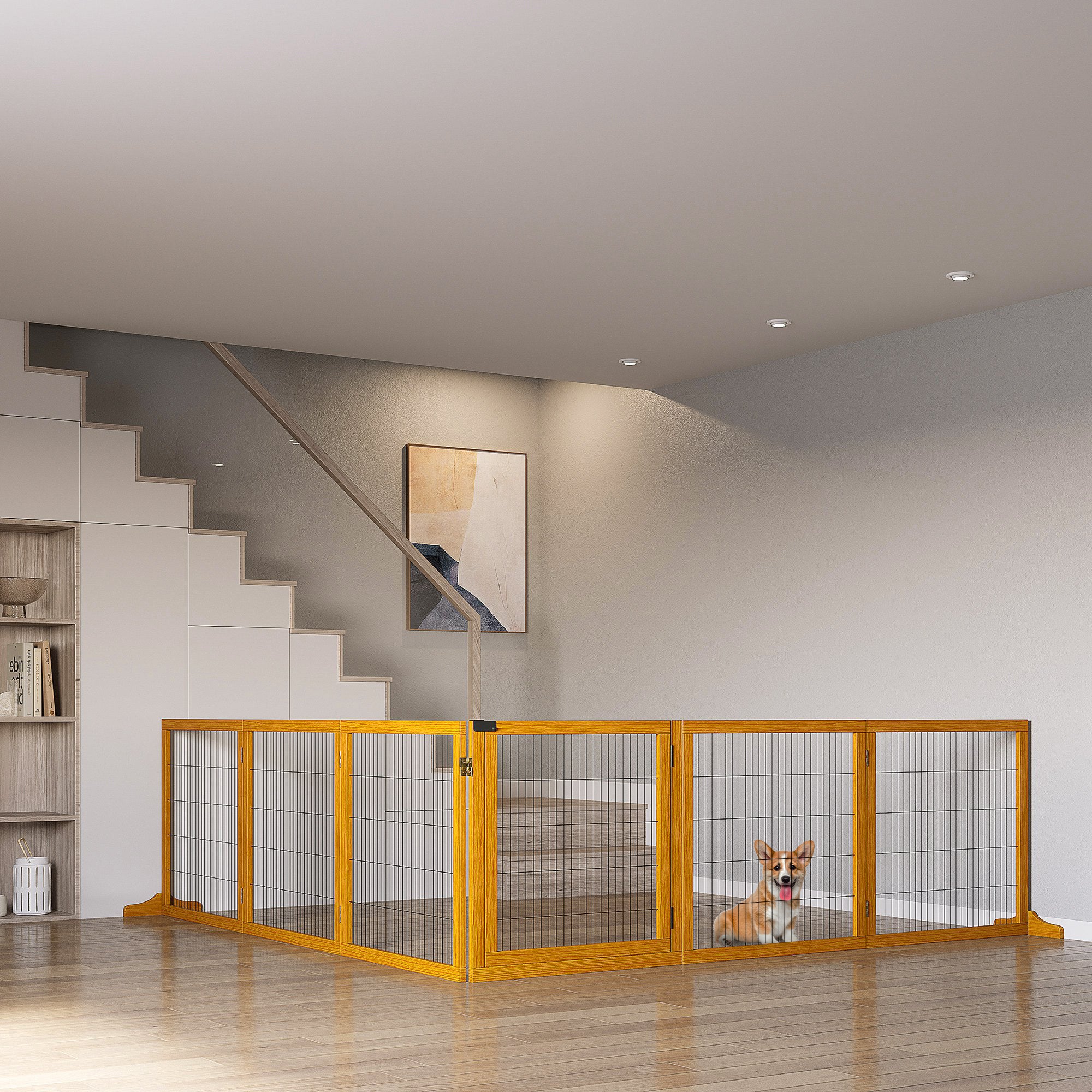 PawHut Wooden Pet Gate, Dog Safety Barrier, Freestanding Foldable Fence, w/ 6 Panels, 2 Support Feet, for House Doorway Stairs, Small & Medium Dogs, Yellow
