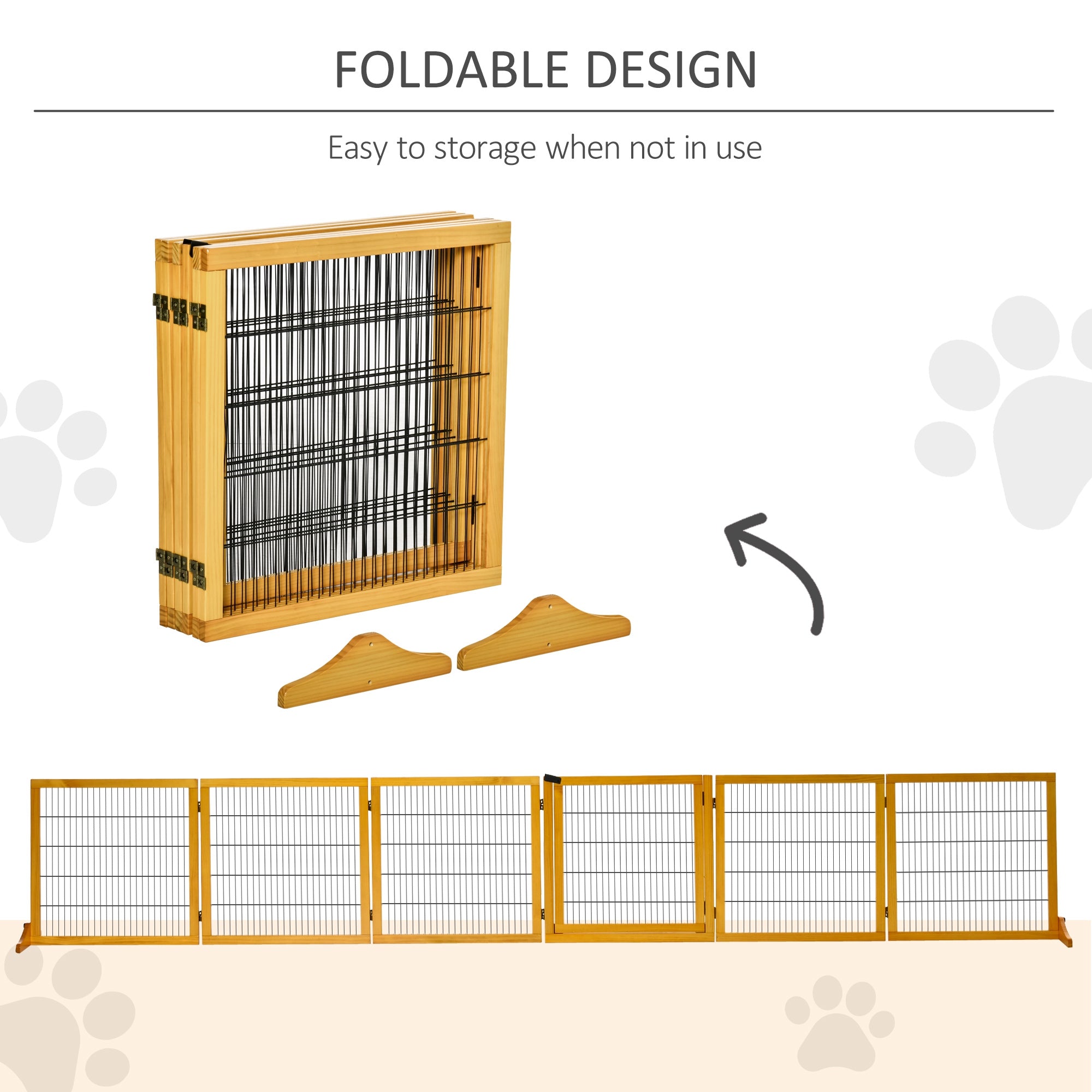PawHut Wooden Pet Gate, Dog Safety Barrier, Freestanding Foldable Fence, w/ 6 Panels, 2 Support Feet, for House Doorway Stairs, Small & Medium Dogs, Yellow