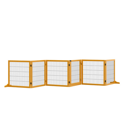 PawHut Wooden Pet Gate, Dog Safety Barrier, Freestanding Foldable Fence, w/ 6 Panels, 2 Support Feet, for House Doorway Stairs, Small & Medium Dogs, Yellow