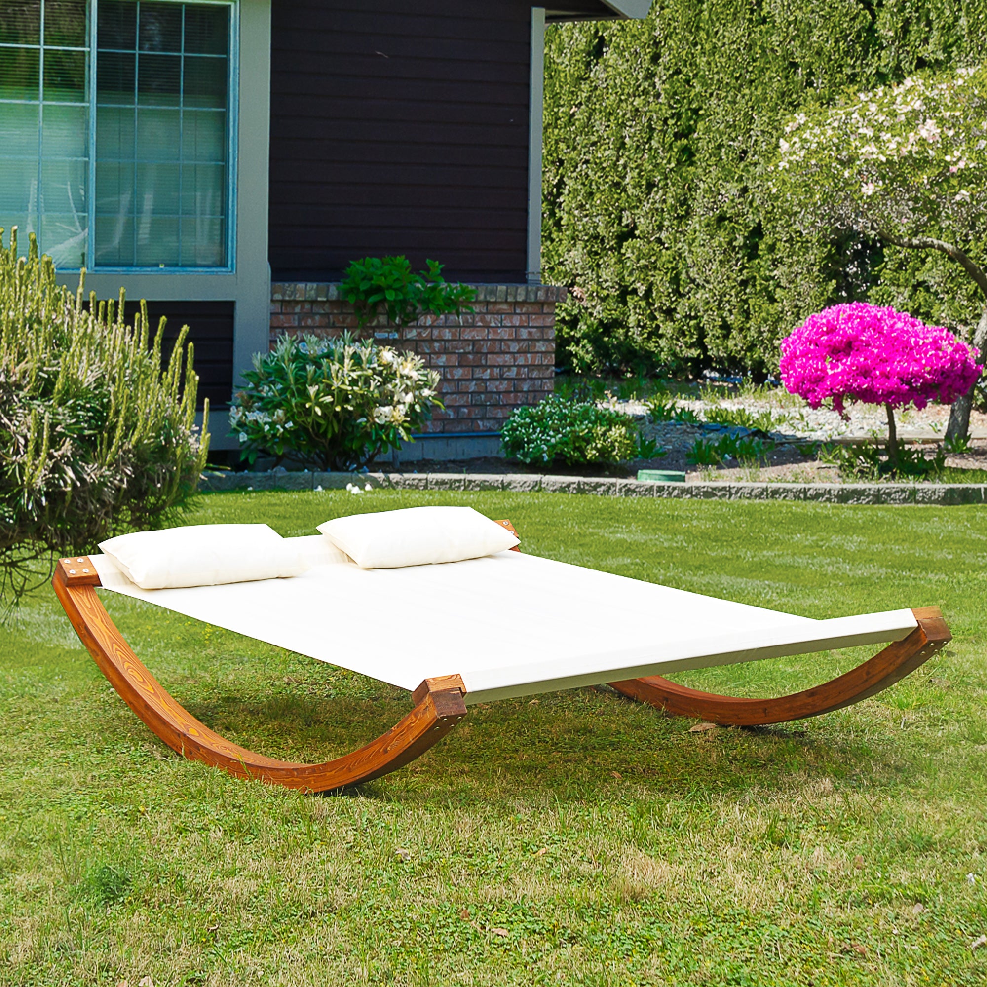 Outsunny Outdoor Lounge Rocker, 2-Person Rocking Outdoor Daybed with Wooden Stand, Patio Swing Cotton Hammock with Pillows for Garden, Backyard, Poolside, White
