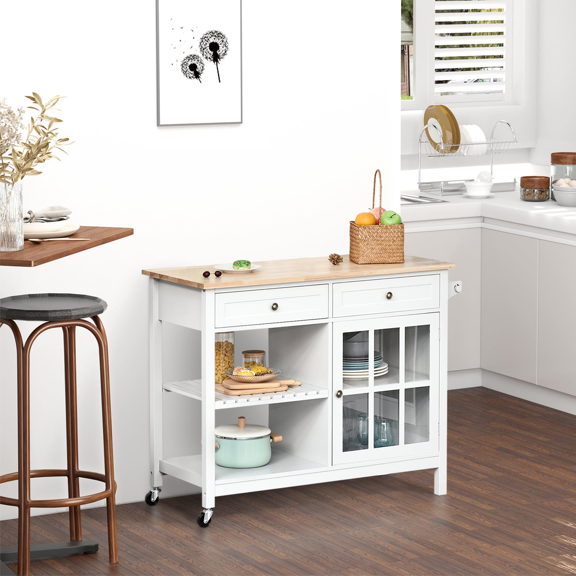 HOMCOM Kitchen Island with Storage, Kitchen Cart on Wheels with Rubber Wood Top, Rolling Cart with Towel Rack, Cabinets, 2 Open Shelves and 2 Drawers for Dining Room, White