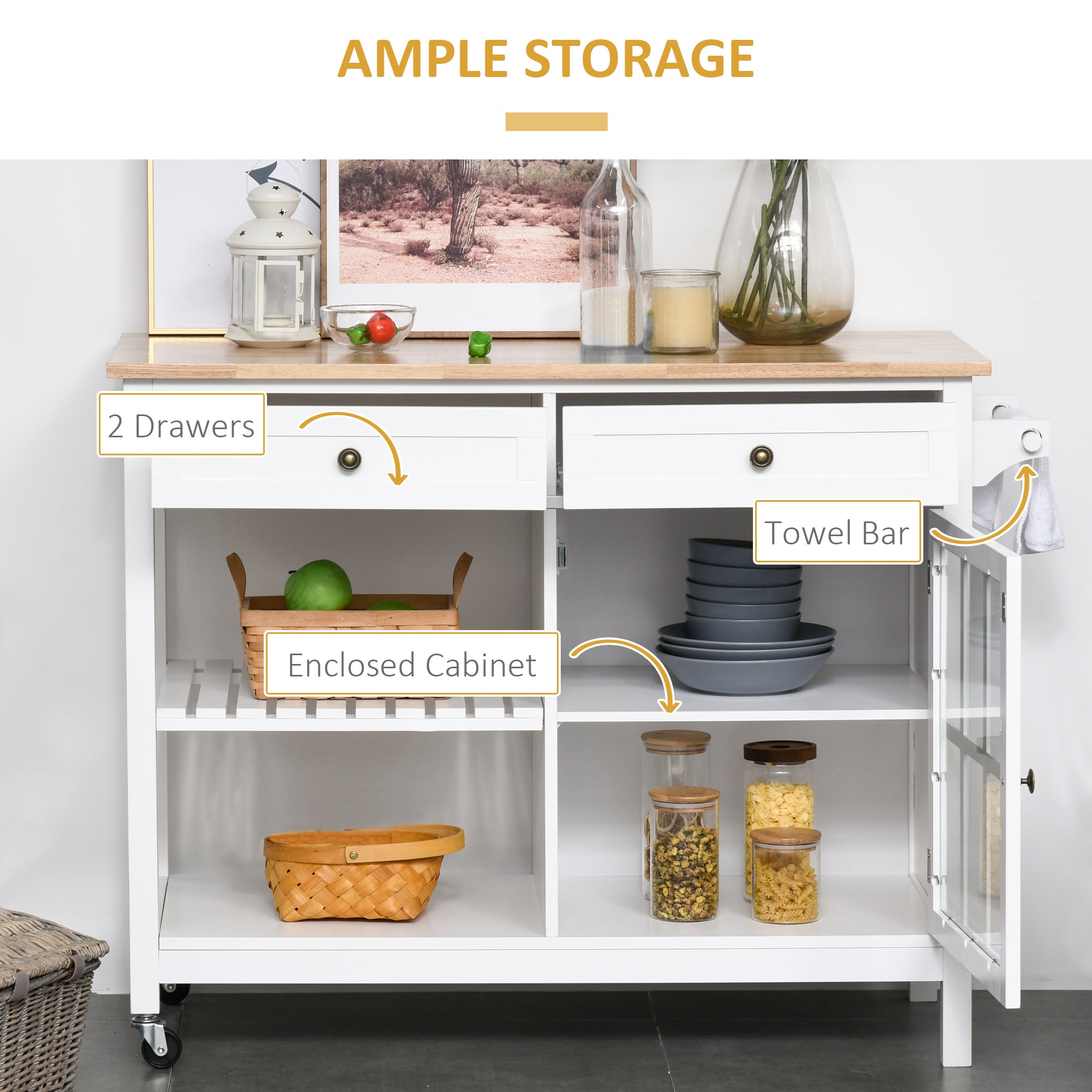 HOMCOM Kitchen Island with Storage, Kitchen Cart on Wheels with Rubber Wood Top, Rolling Cart with Towel Rack, Cabinets, 2 Open Shelves and 2 Drawers for Dining Room, White