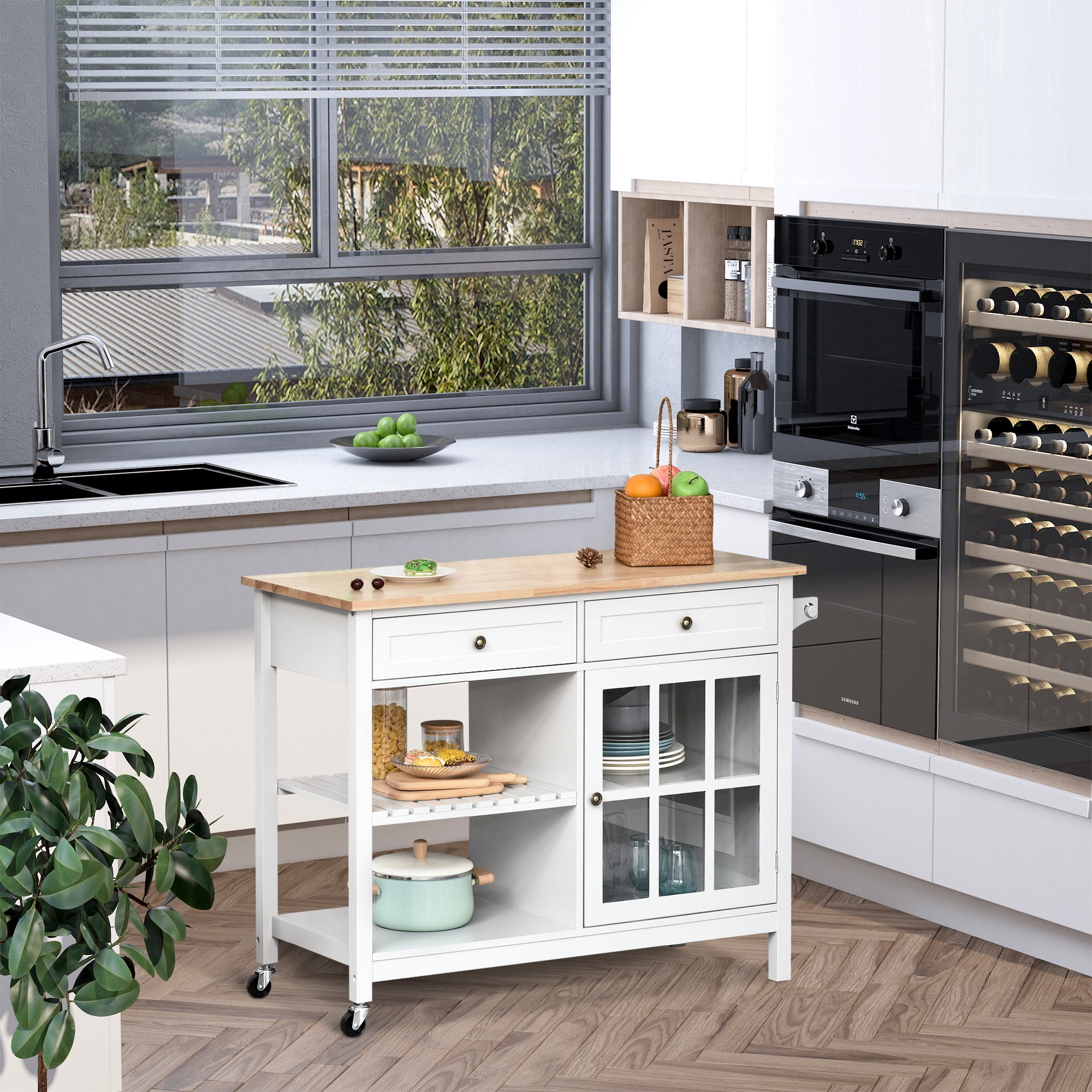 HOMCOM Kitchen Island with Storage, Kitchen Cart on Wheels with Rubber Wood Top, Rolling Cart with Towel Rack, Cabinets, 2 Open Shelves and 2 Drawers for Dining Room, White