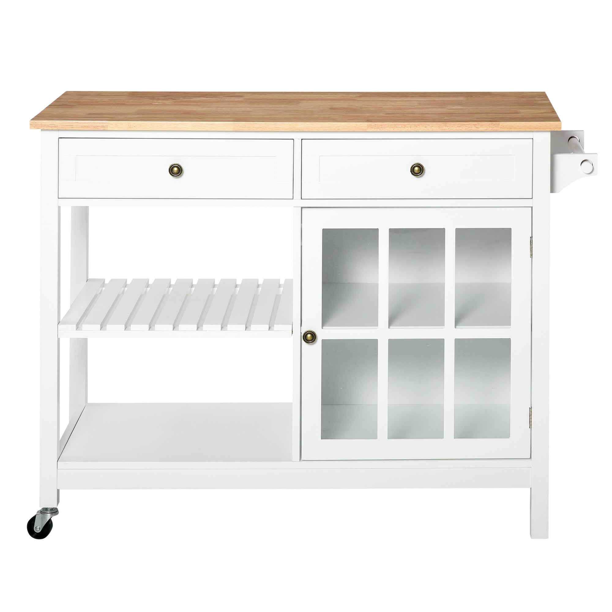HOMCOM Kitchen Island with Storage, Kitchen Cart on Wheels with Rubber Wood Top, Rolling Cart with Towel Rack, Cabinets, 2 Open Shelves and 2 Drawers for Dining Room, White