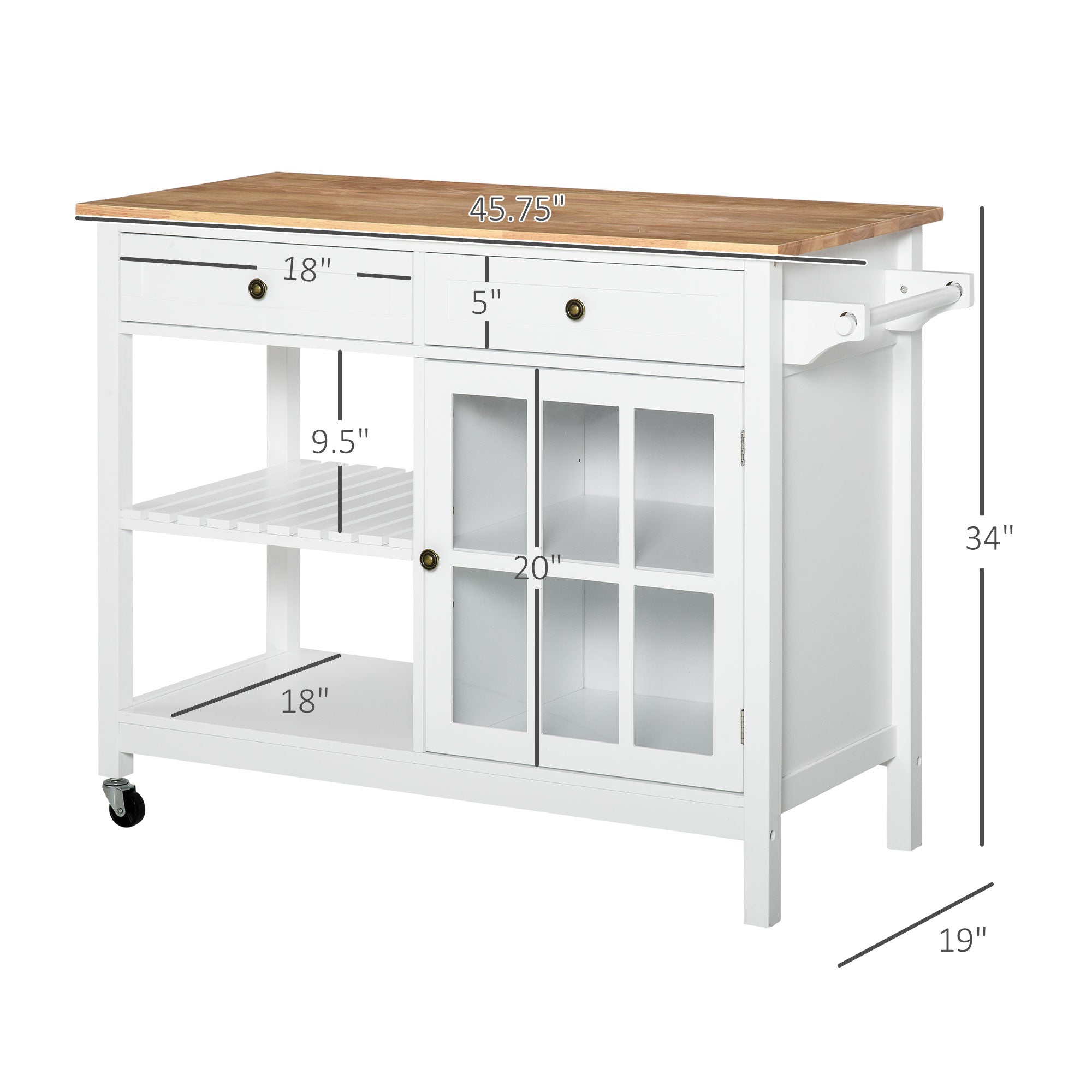 HOMCOM Kitchen Island with Storage, Kitchen Cart on Wheels with Rubber Wood Top, Rolling Cart with Towel Rack, Cabinets, 2 Open Shelves and 2 Drawers for Dining Room, White