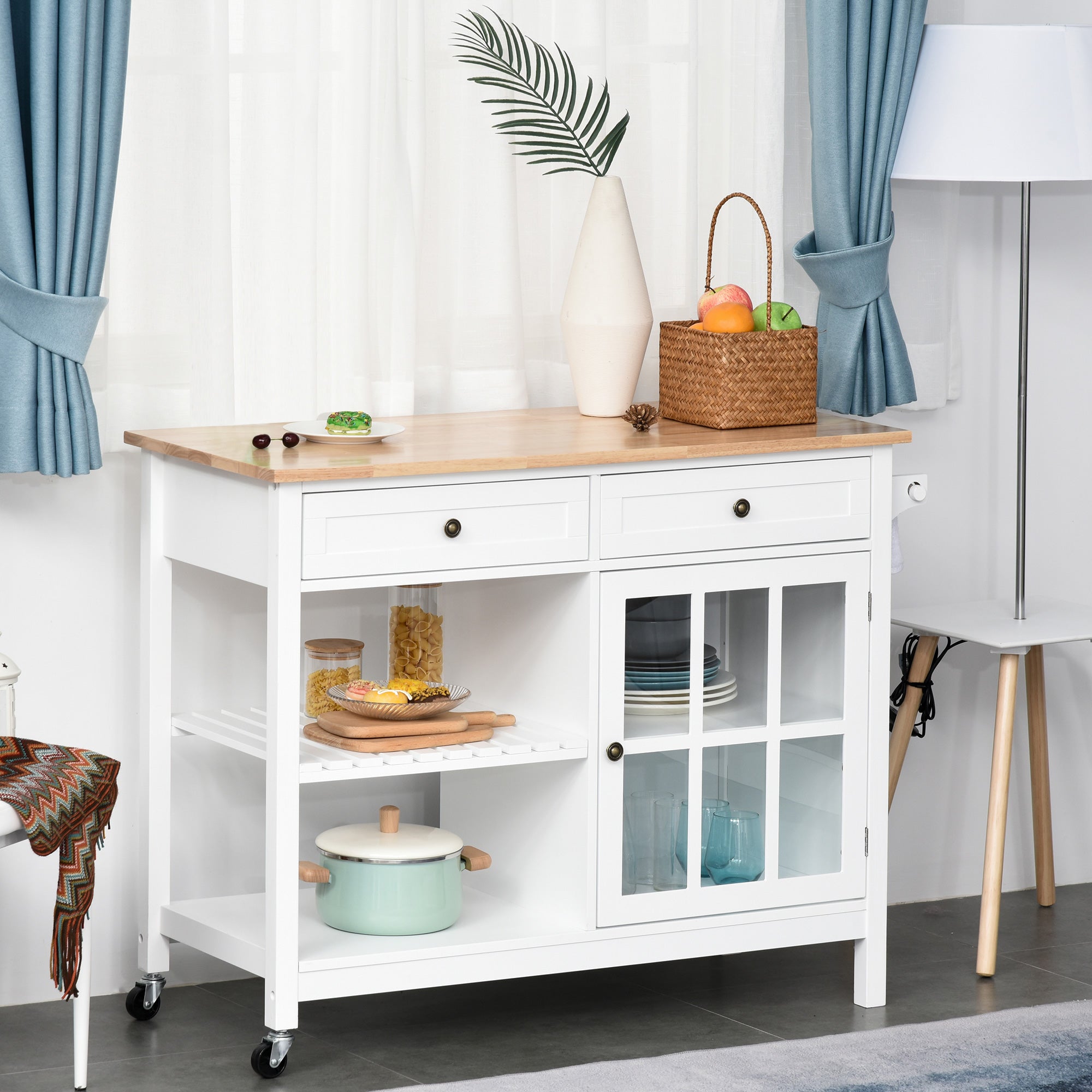 HOMCOM Kitchen Island with Storage, Kitchen Cart on Wheels with Rubber Wood Top, Rolling Cart with Towel Rack, Cabinets, 2 Open Shelves and 2 Drawers for Dining Room, White