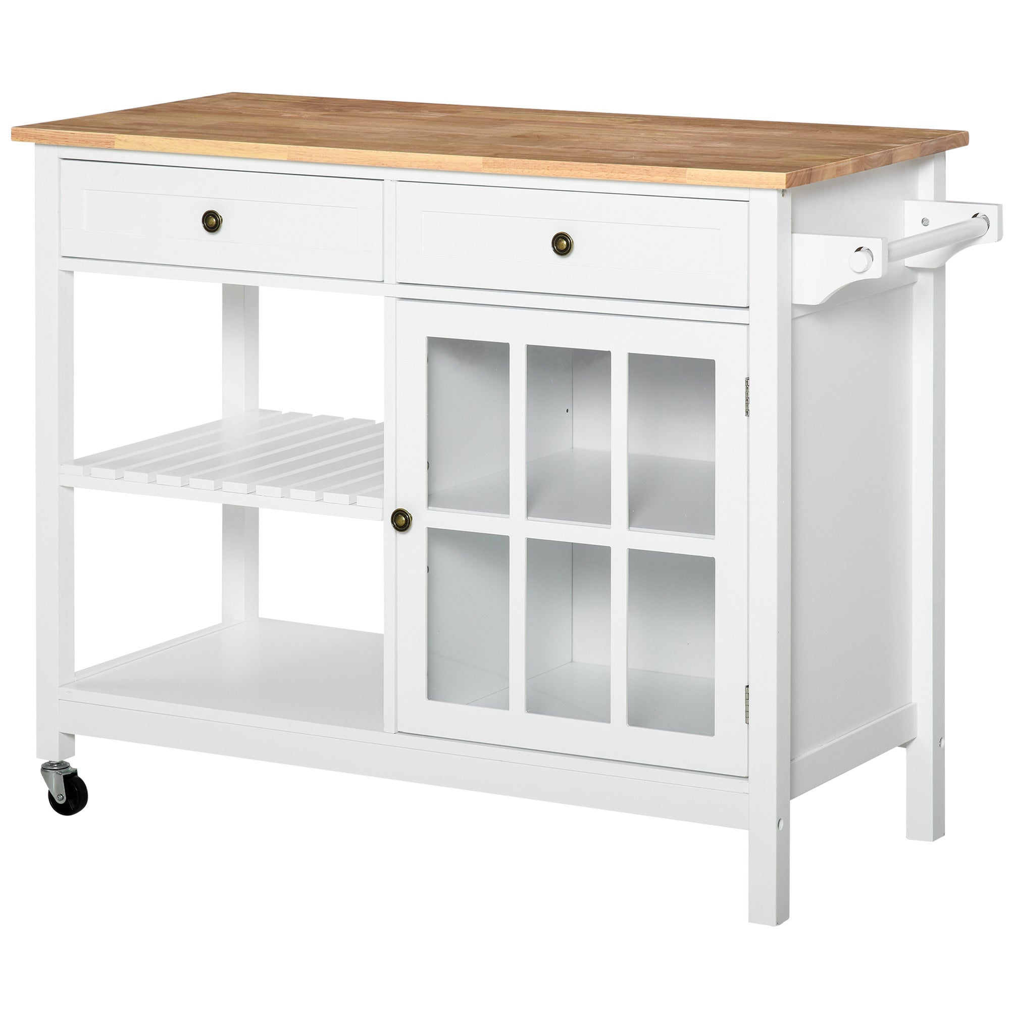 HOMCOM Kitchen Island with Storage, Kitchen Cart on Wheels with Rubber Wood Top, Rolling Cart with Towel Rack, Cabinets, 2 Open Shelves and 2 Drawers for Dining Room, White
