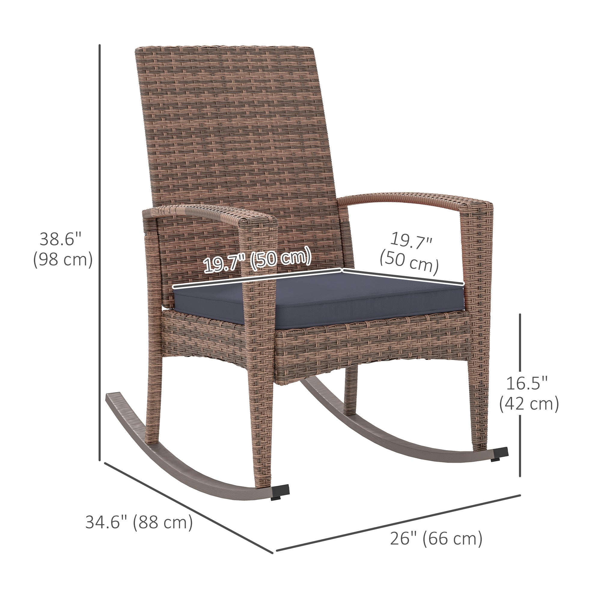 Outsunny Outdoor PE Rattan Rocking Chair, Garden Wicker Glider Rocking Chair Set with Armrest and Cushion for Patio, Balcony, Deck, Dark Blue