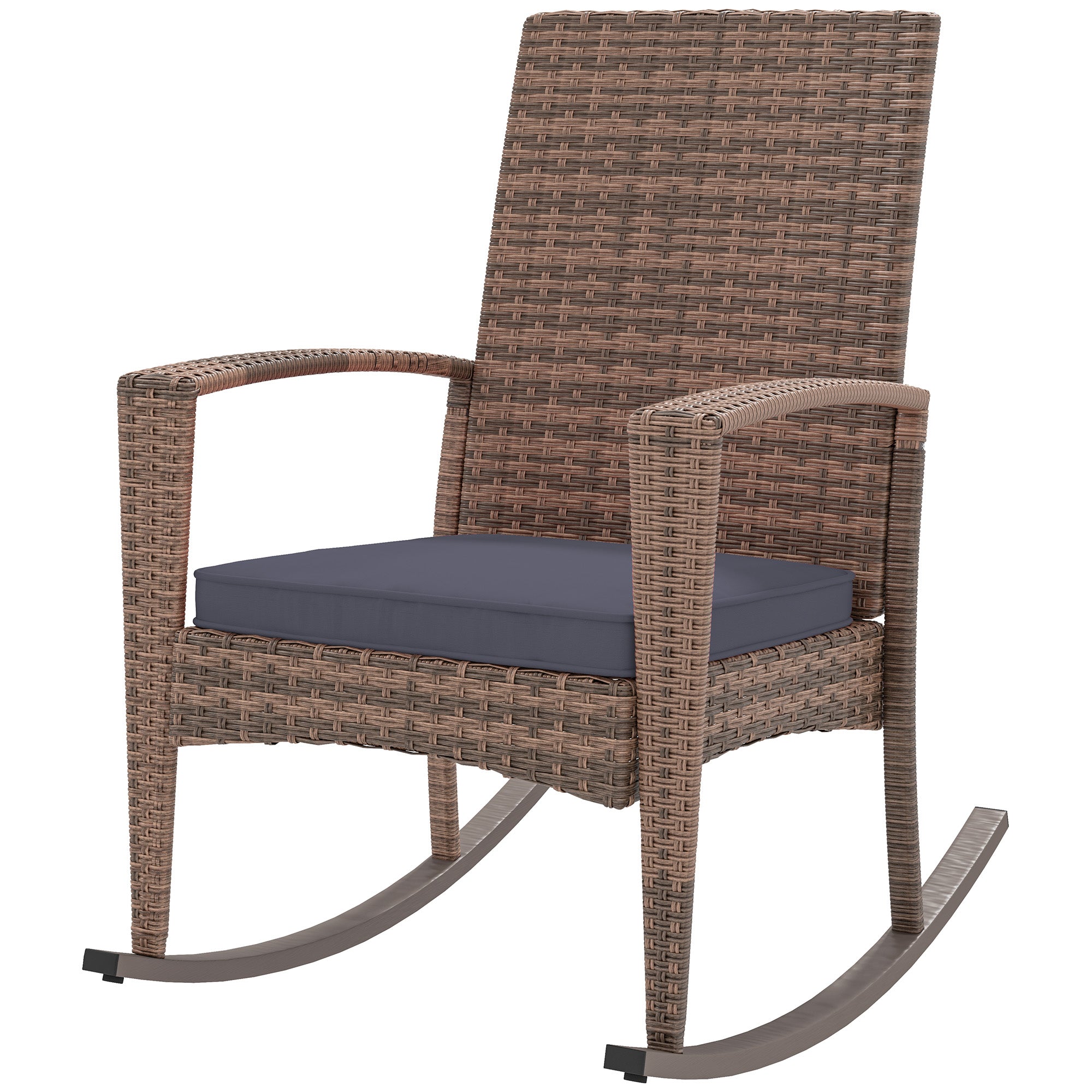 Outsunny Outdoor PE Rattan Rocking Chair, Garden Wicker Glider Rocking Chair Set with Armrest and Cushion for Patio, Balcony, Deck, Dark Blue