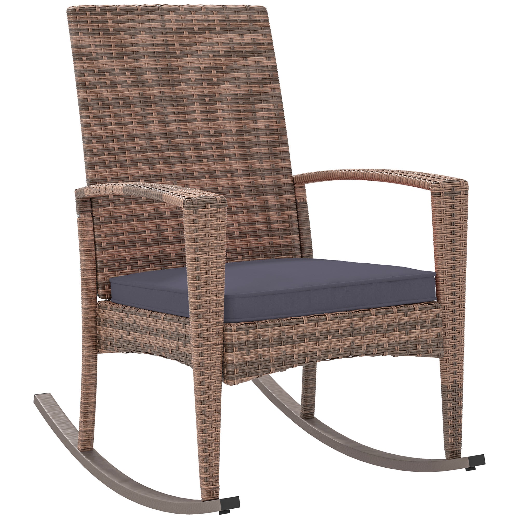 Outsunny Outdoor PE Rattan Rocking Chair, Garden Wicker Glider Rocking Chair Set with Armrest and Cushion for Patio, Balcony, Deck, Dark Blue