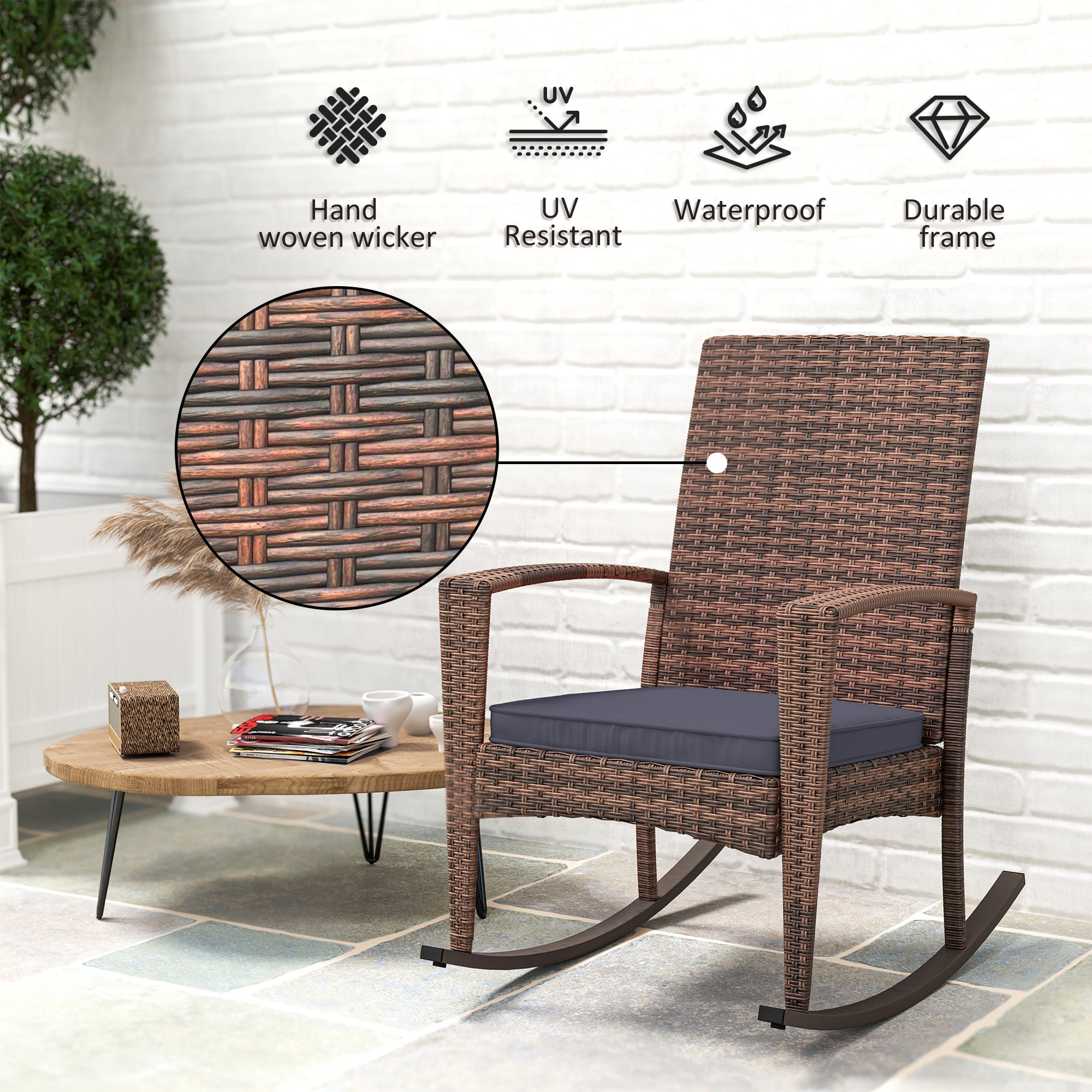 Outsunny Outdoor PE Rattan Rocking Chair, Garden Wicker Glider Rocking Chair Set with Armrest and Cushion for Patio, Balcony, Deck, Dark Blue