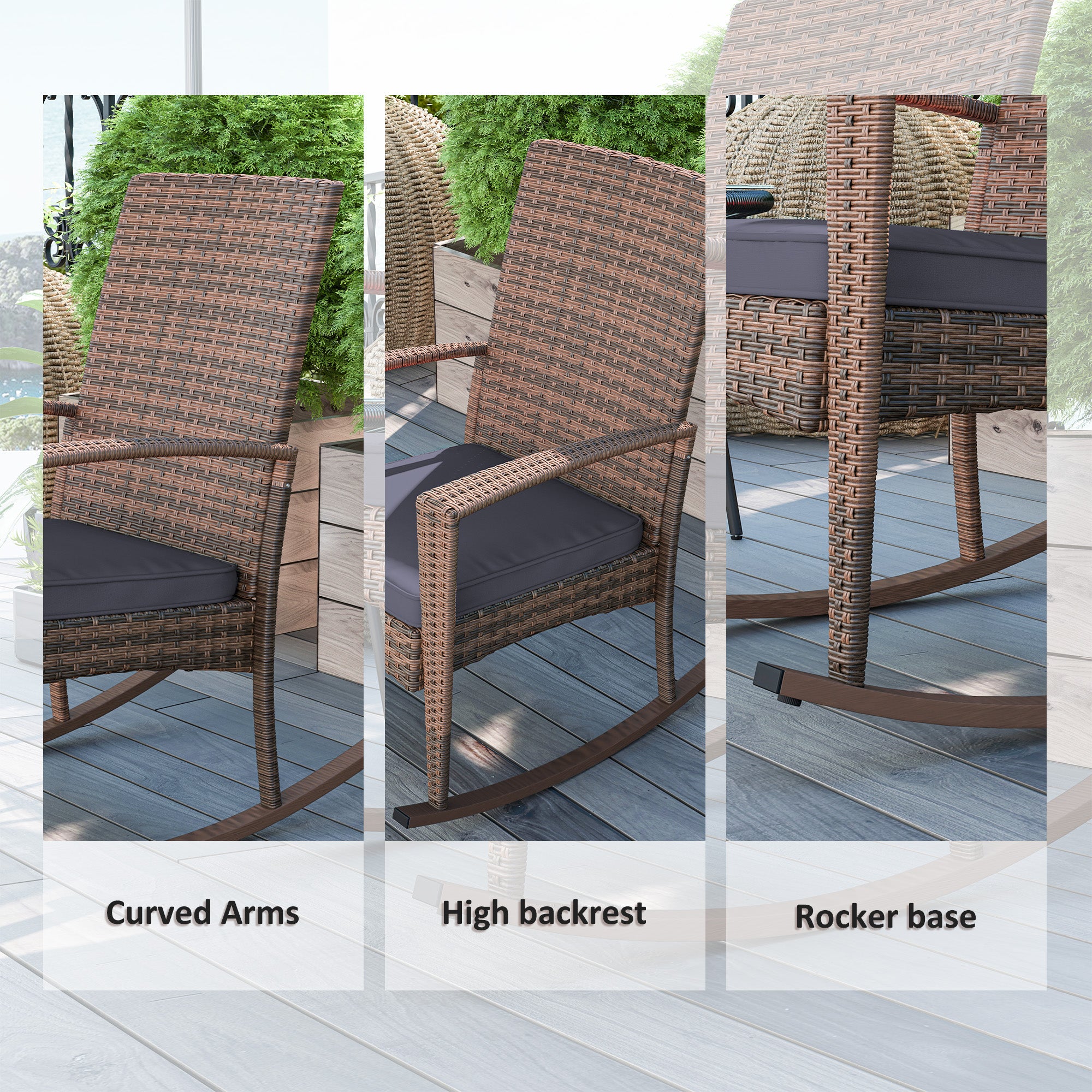 Outsunny Outdoor PE Rattan Rocking Chair, Garden Wicker Glider Rocking Chair Set with Armrest and Cushion for Patio, Balcony, Deck, Dark Blue