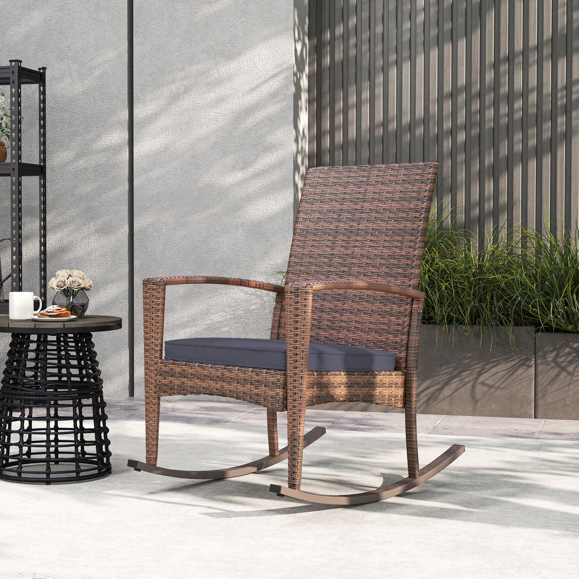 Outsunny Outdoor PE Rattan Rocking Chair, Garden Wicker Glider Rocking Chair Set with Armrest and Cushion for Patio, Balcony, Deck, Dark Blue
