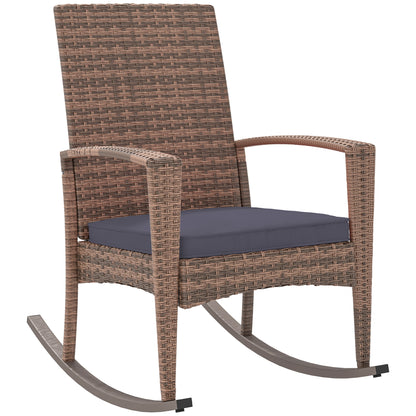 Outsunny Outdoor PE Rattan Rocking Chair, Garden Wicker Glider Rocking Chair Set with Armrest and Cushion for Patio, Balcony, Deck, Dark Blue