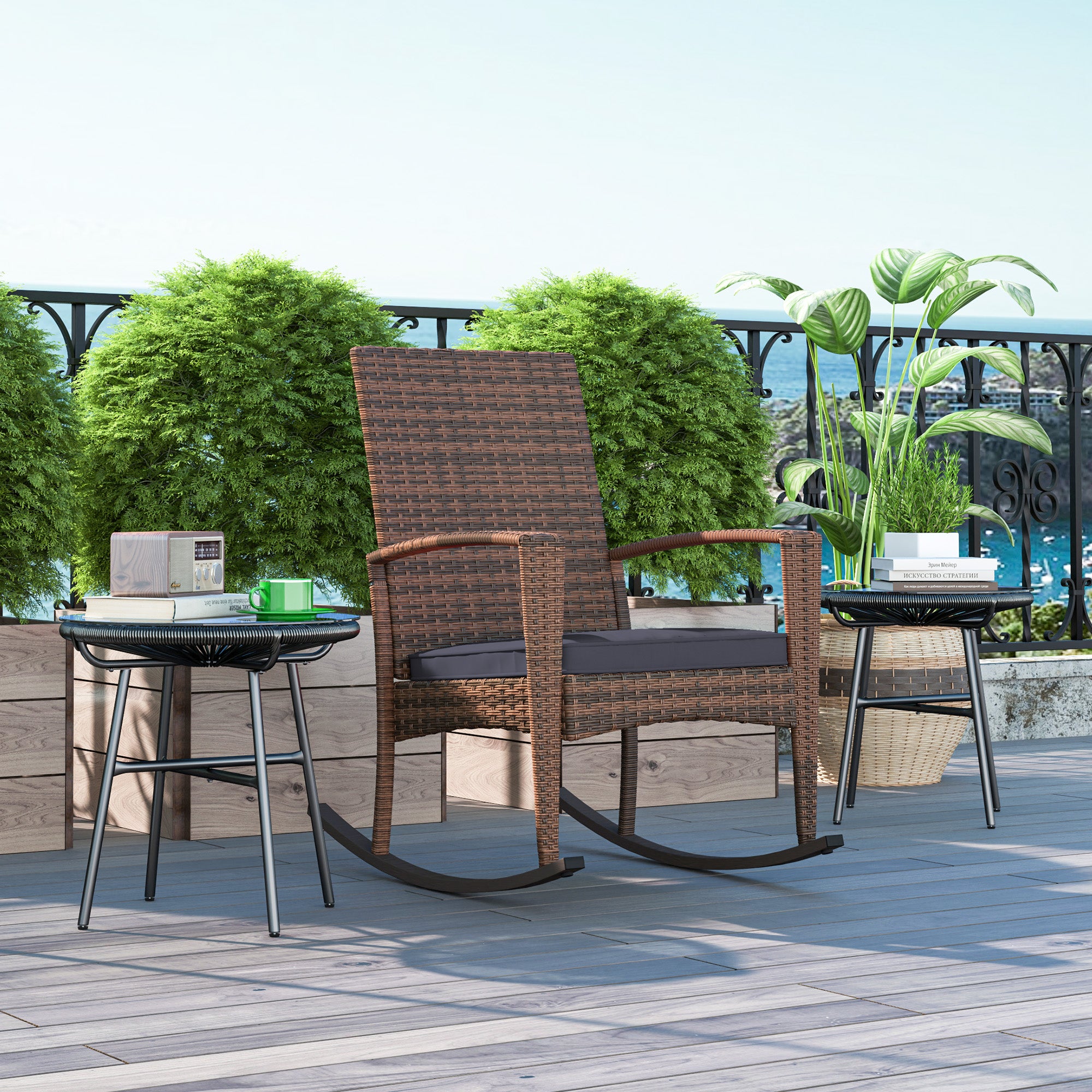 Outsunny Outdoor PE Rattan Rocking Chair, Garden Wicker Glider Rocking Chair Set with Armrest and Cushion for Patio, Balcony, Deck, Dark Blue