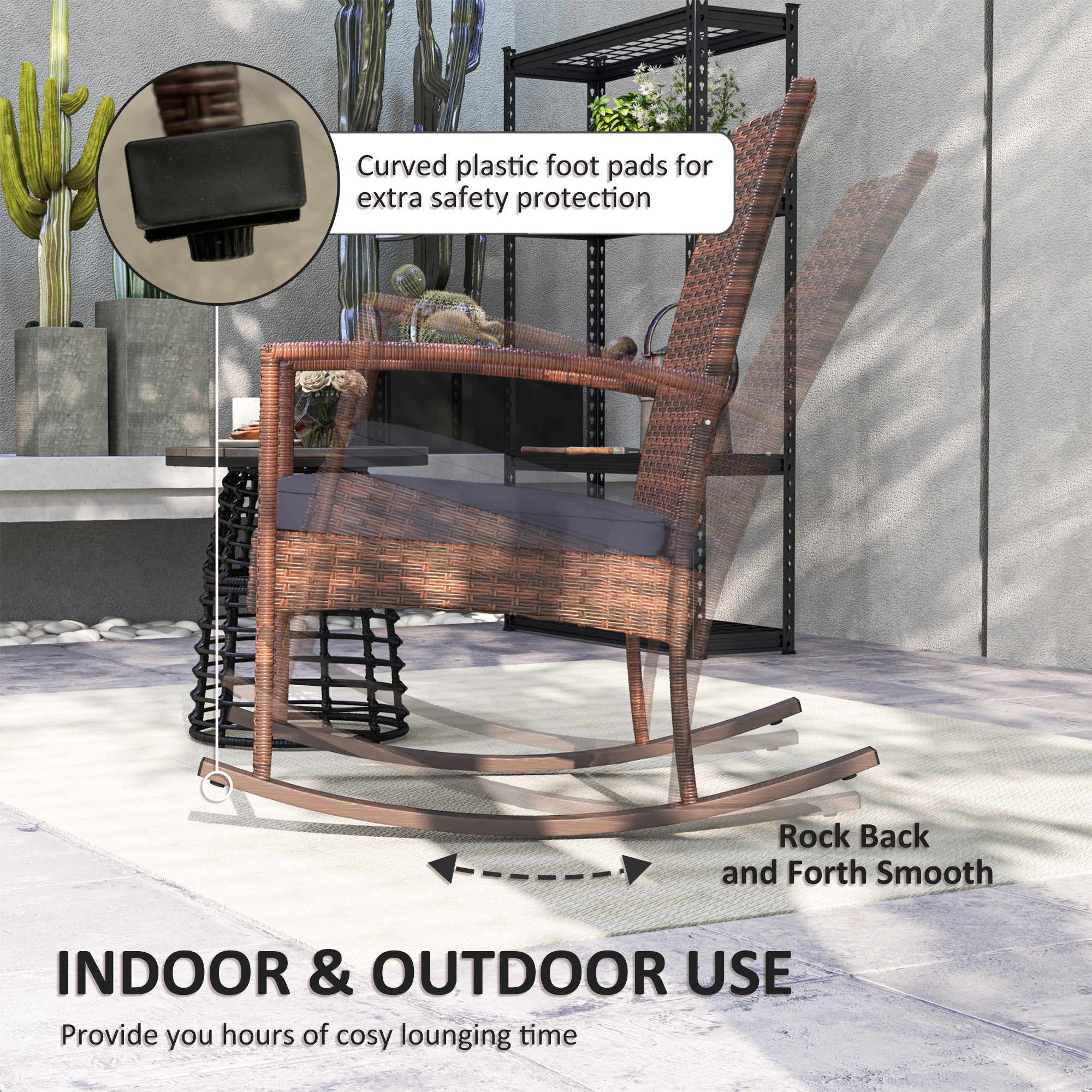 Outsunny Outdoor PE Rattan Rocking Chair, Garden Wicker Glider Rocking Chair Set with Armrest and Cushion for Patio, Balcony, Deck, Dark Blue
