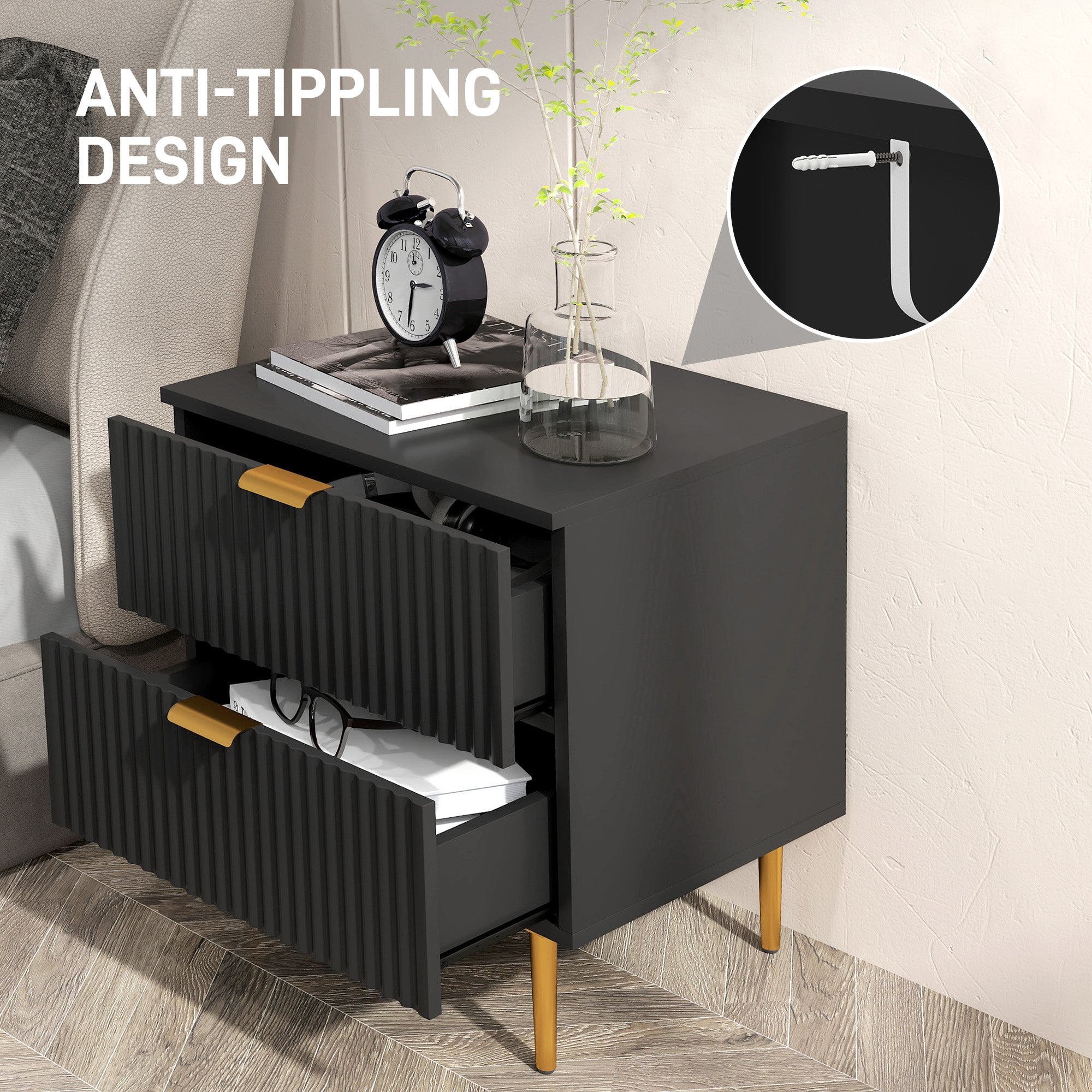 HOMCOM Nightstand, Bedside Table with 2 Drawers, Side End Table with Metal Legs for Bedroom, Black