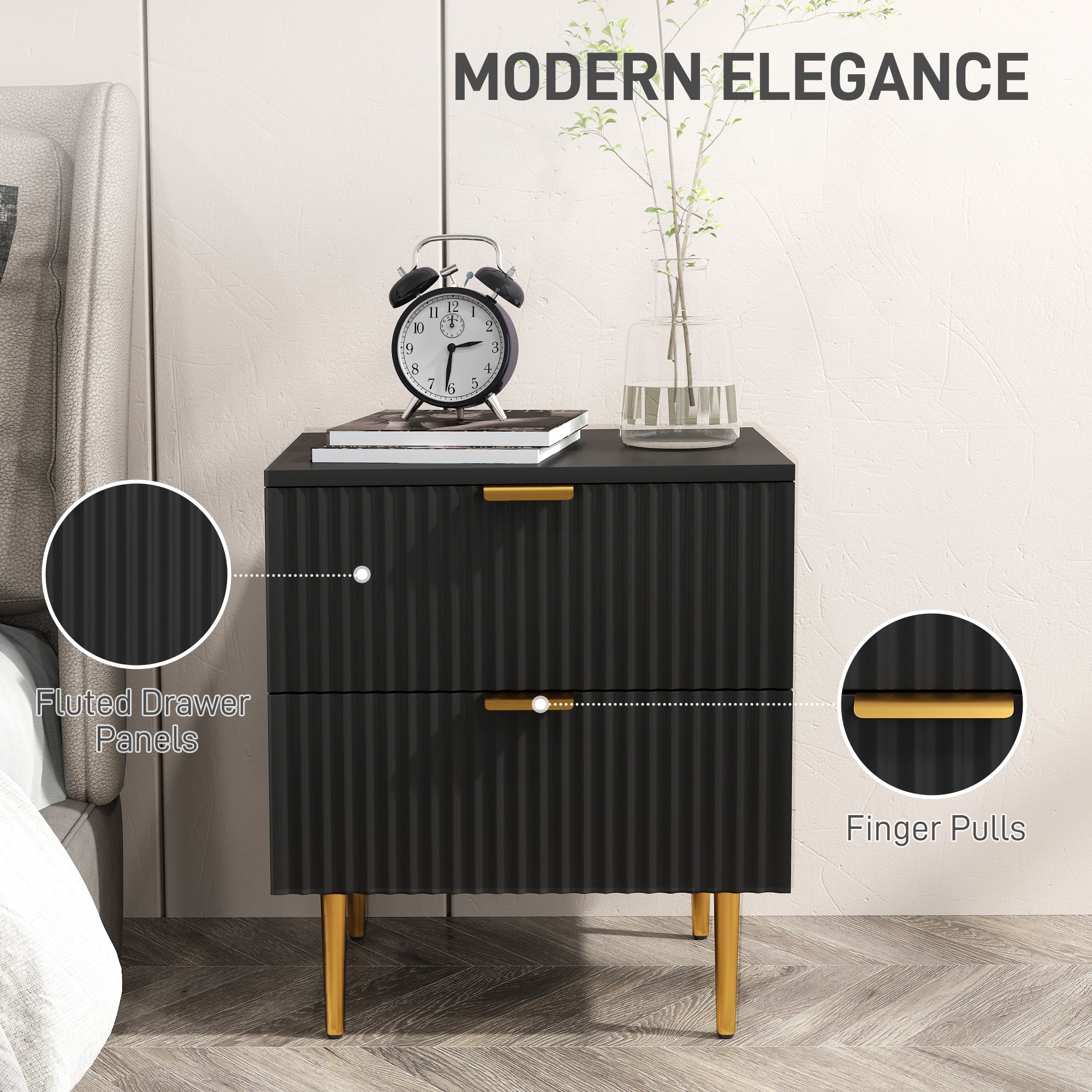 HOMCOM Nightstand, Bedside Table with 2 Drawers, Side End Table with Metal Legs for Bedroom, Black