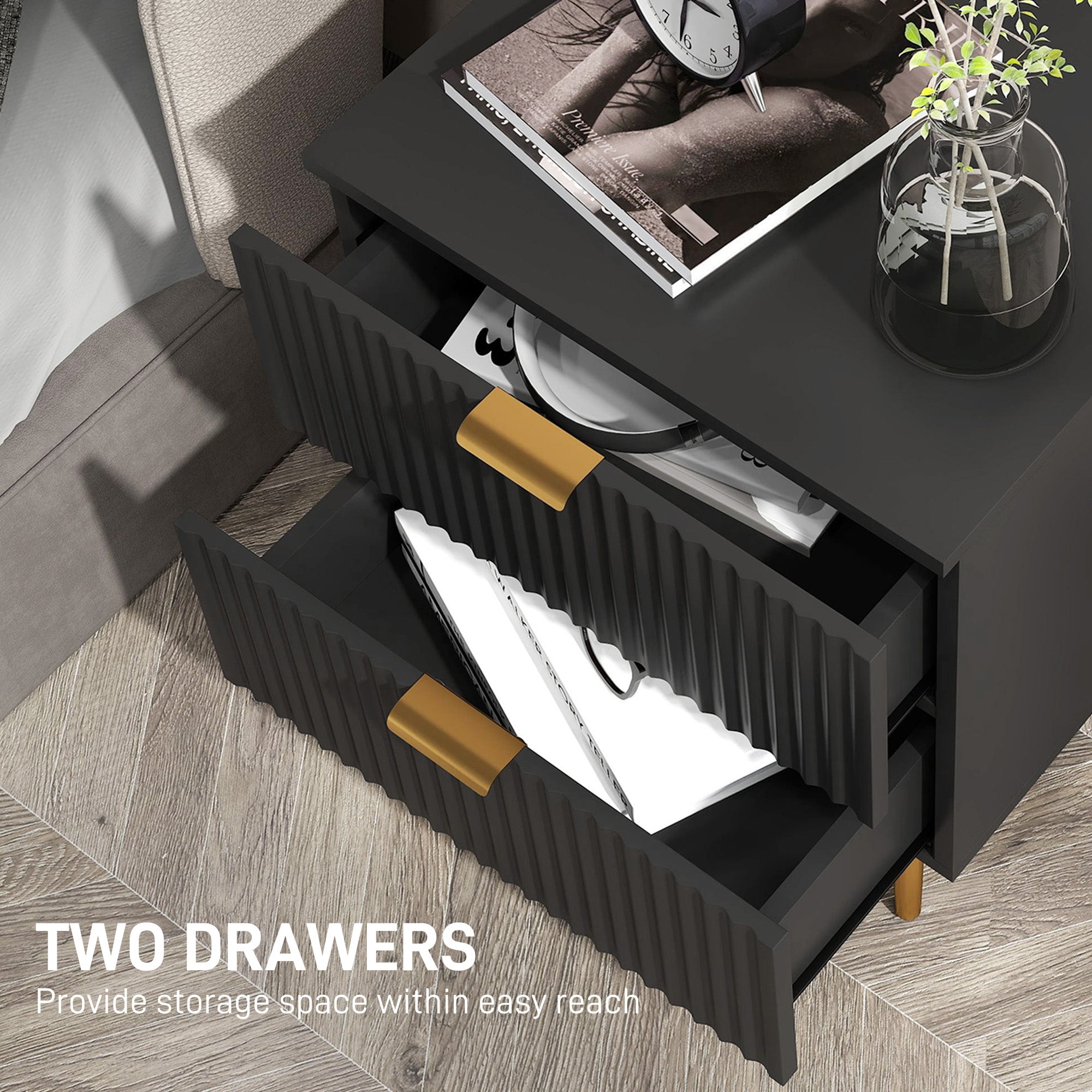 HOMCOM Nightstand, Bedside Table with 2 Drawers, Side End Table with Metal Legs for Bedroom, Black