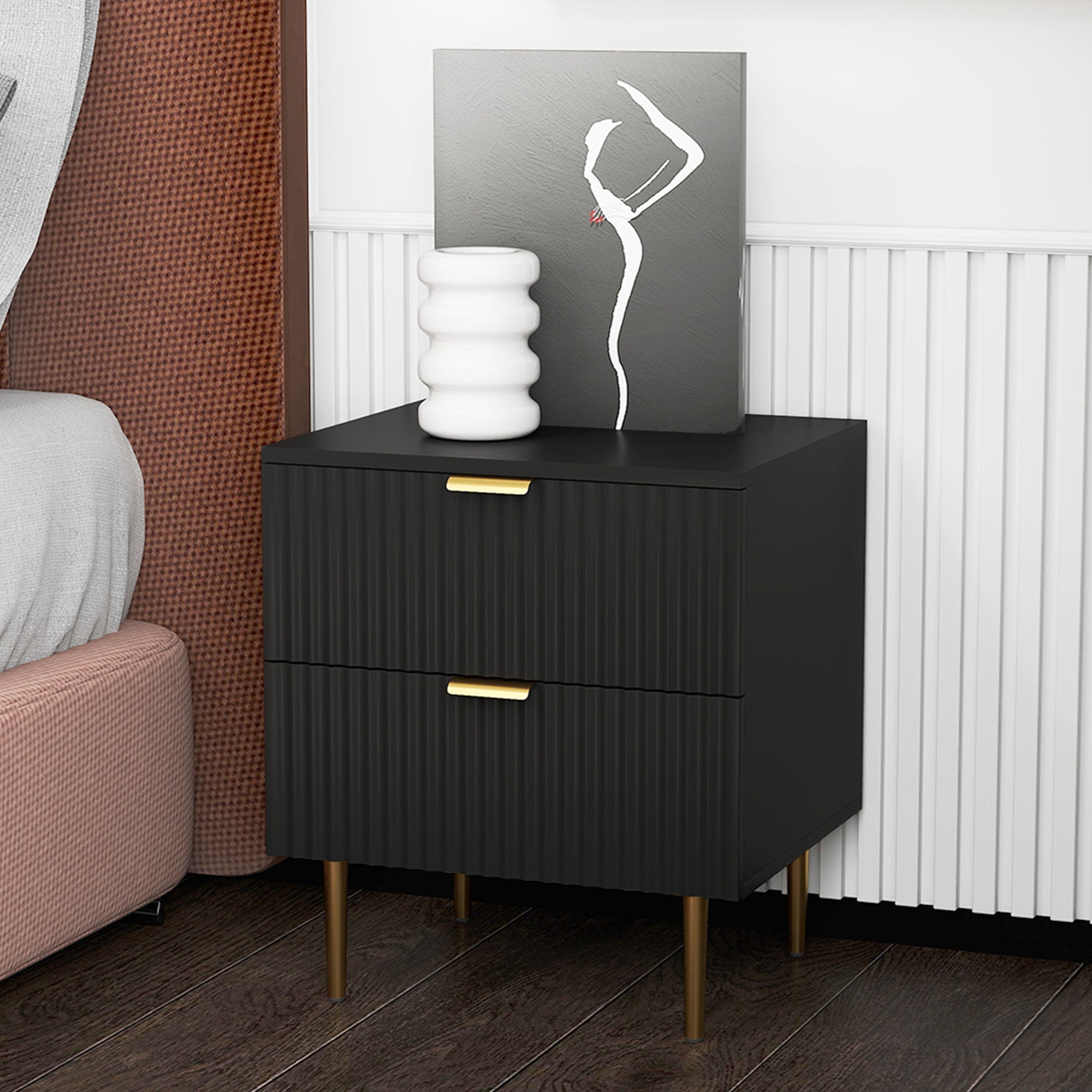 HOMCOM Nightstand, Bedside Table with 2 Drawers, Side End Table with Metal Legs for Bedroom, Black