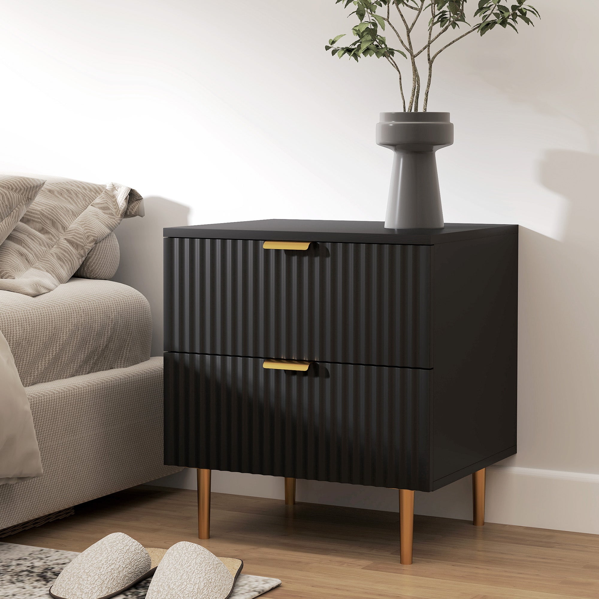 HOMCOM Nightstand, Bedside Table with 2 Drawers, Side End Table with Metal Legs for Bedroom, Black