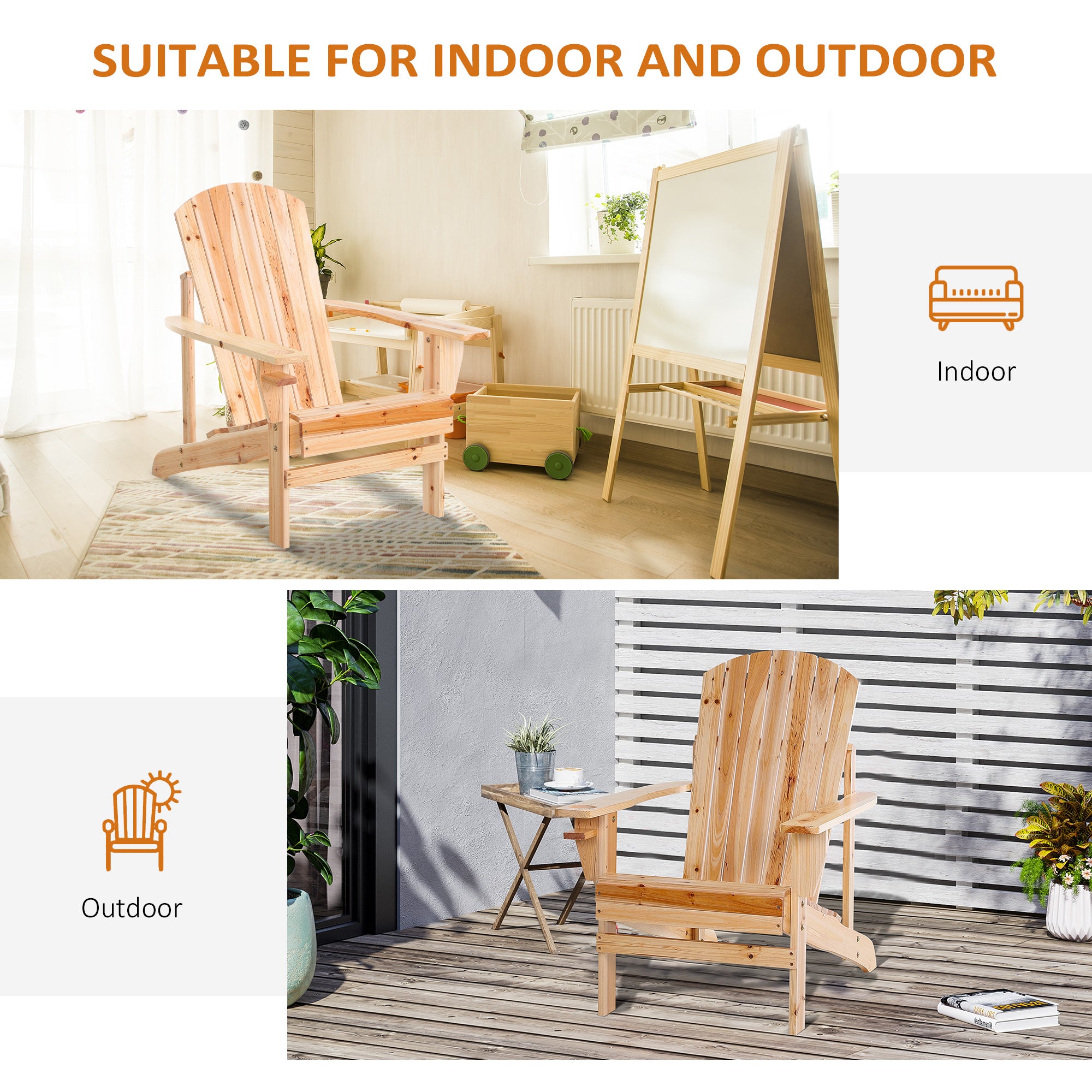 Outsunny Classic Adirondack Chair Muskoka Chair, Garden Deck Chair with Cup Holder for Patio, Indoor, Backyard, Natural