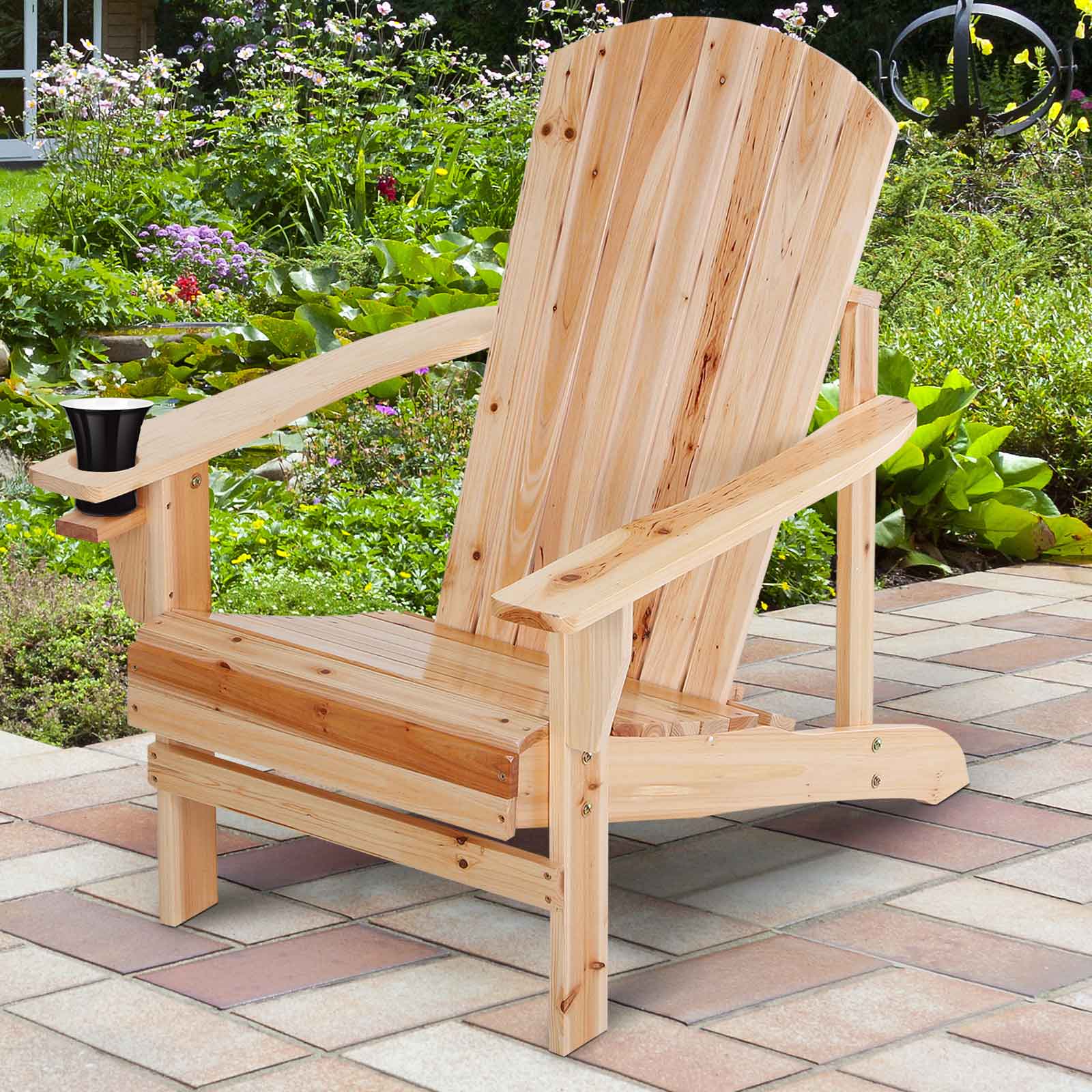 Outsunny Classic Adirondack Chair Muskoka Chair, Garden Deck Chair with Cup Holder for Patio, Indoor, Backyard, Natural