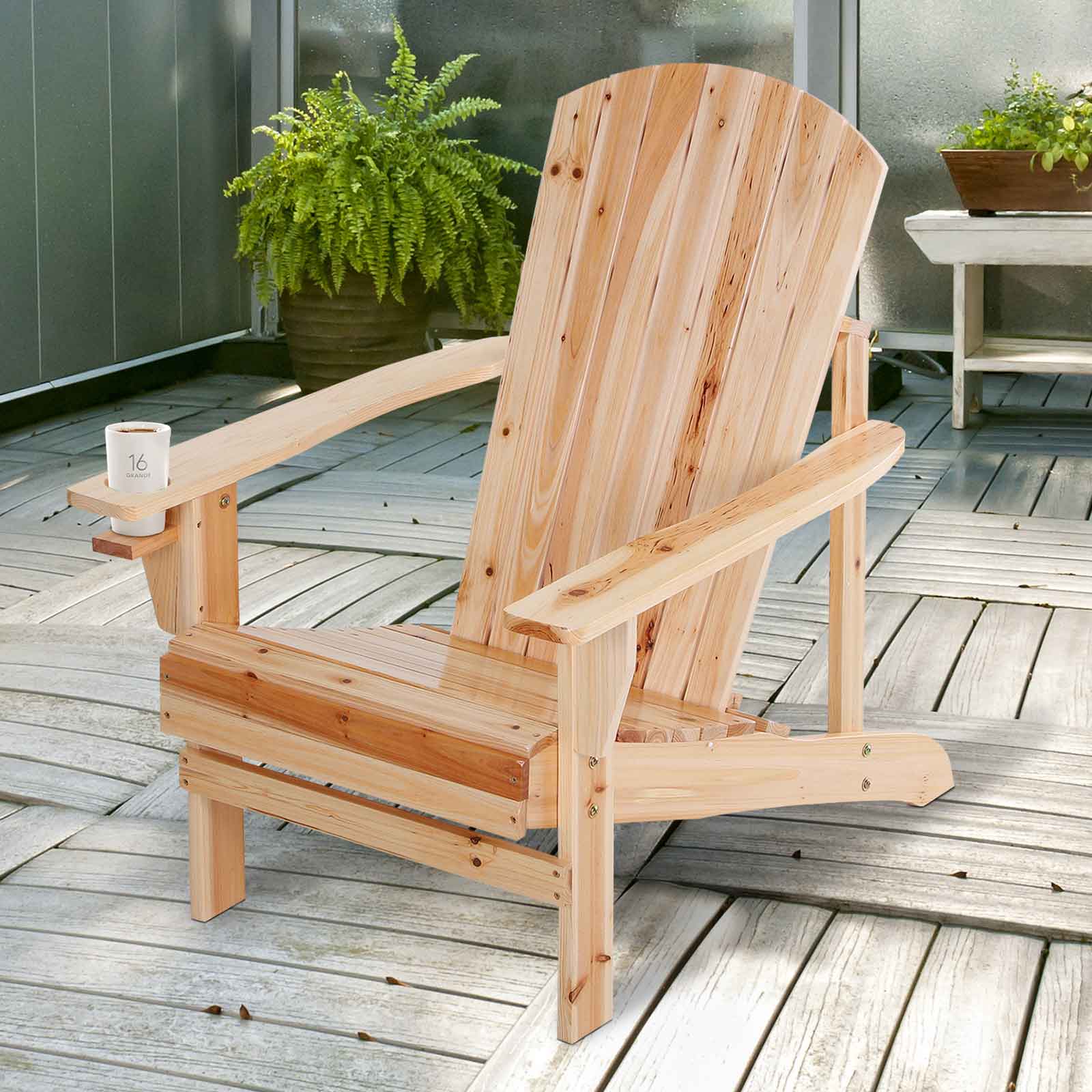 Outsunny Classic Adirondack Chair Muskoka Chair, Garden Deck Chair with Cup Holder for Patio, Indoor, Backyard, Natural
