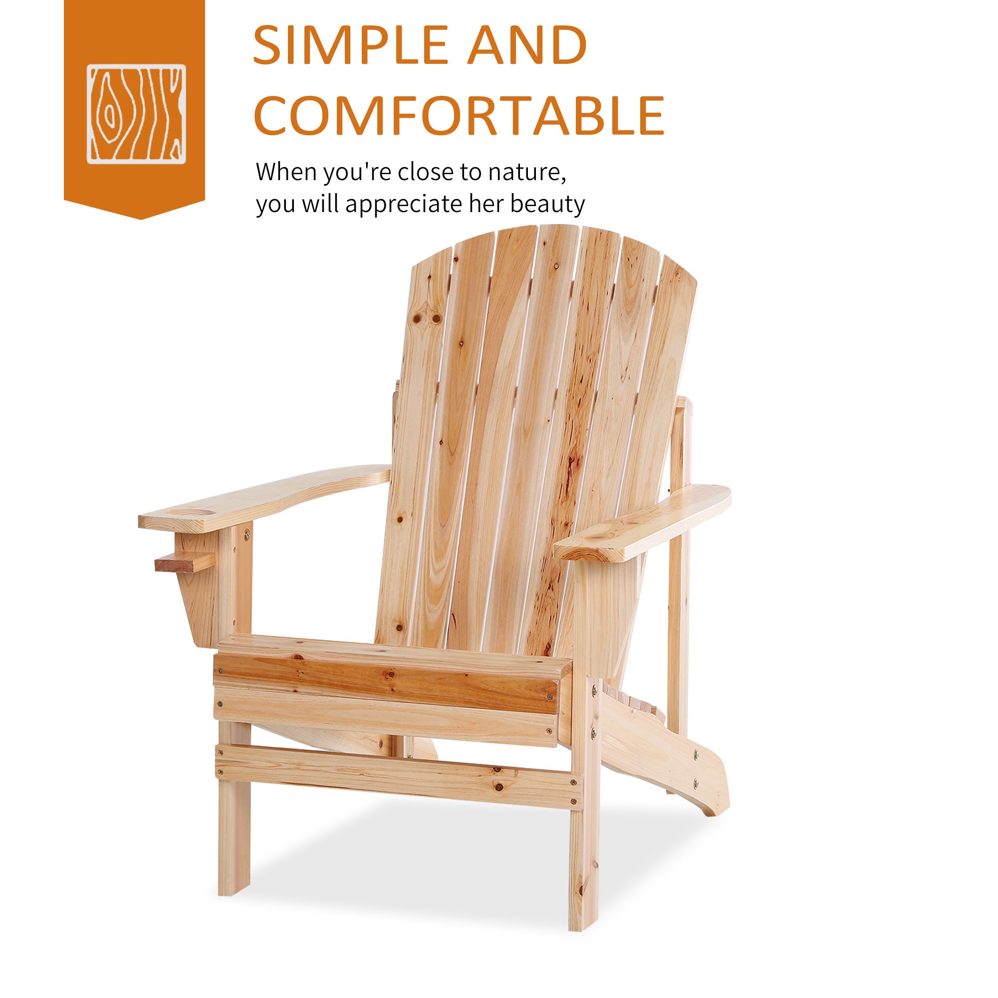 Outsunny Classic Adirondack Chair Muskoka Chair, Garden Deck Chair with Cup Holder for Patio, Indoor, Backyard, Natural