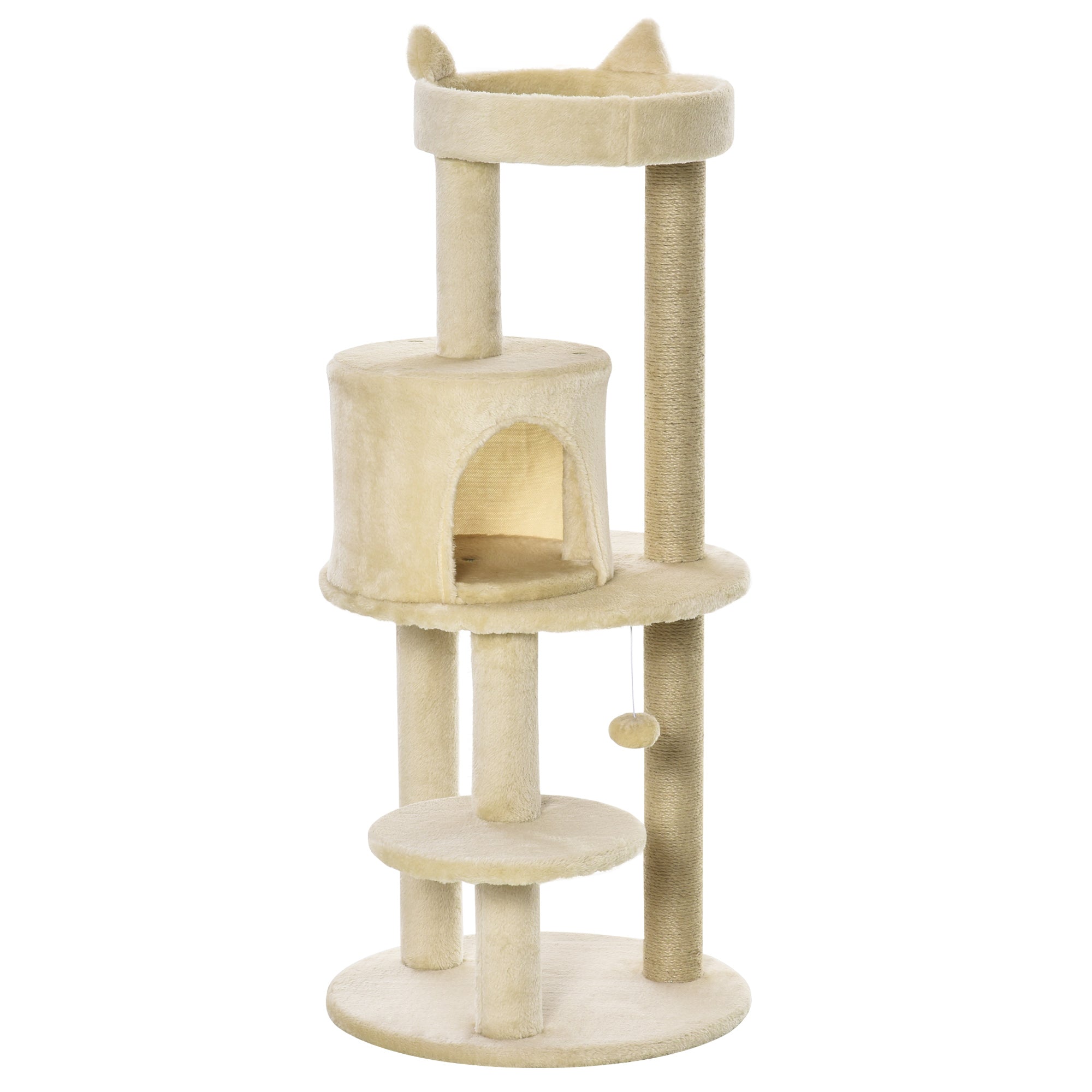 PawHut 104 cm Cat Tree, Cat Condo Tree Tower, Cat Activity Centre with Scratching Posts, Plush Perch, Hanging Ball - Cream White