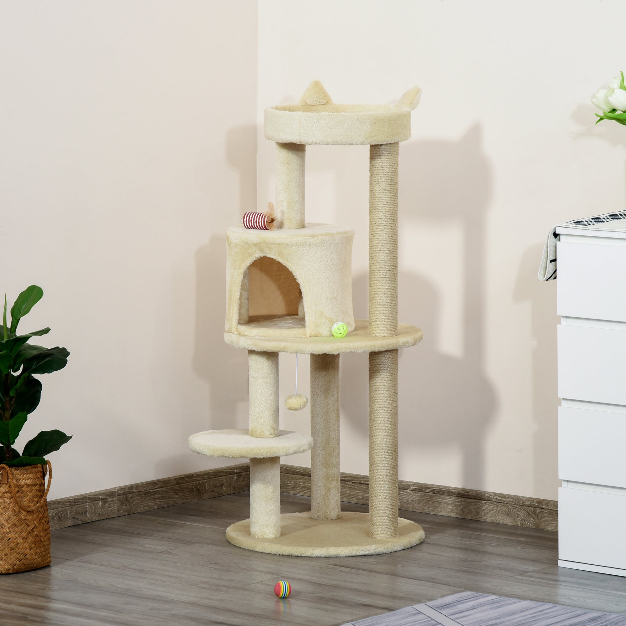 PawHut 104 cm Cat Tree, Cat Condo Tree Tower, Cat Activity Centre with Scratching Posts, Plush Perch, Hanging Ball - Cream White