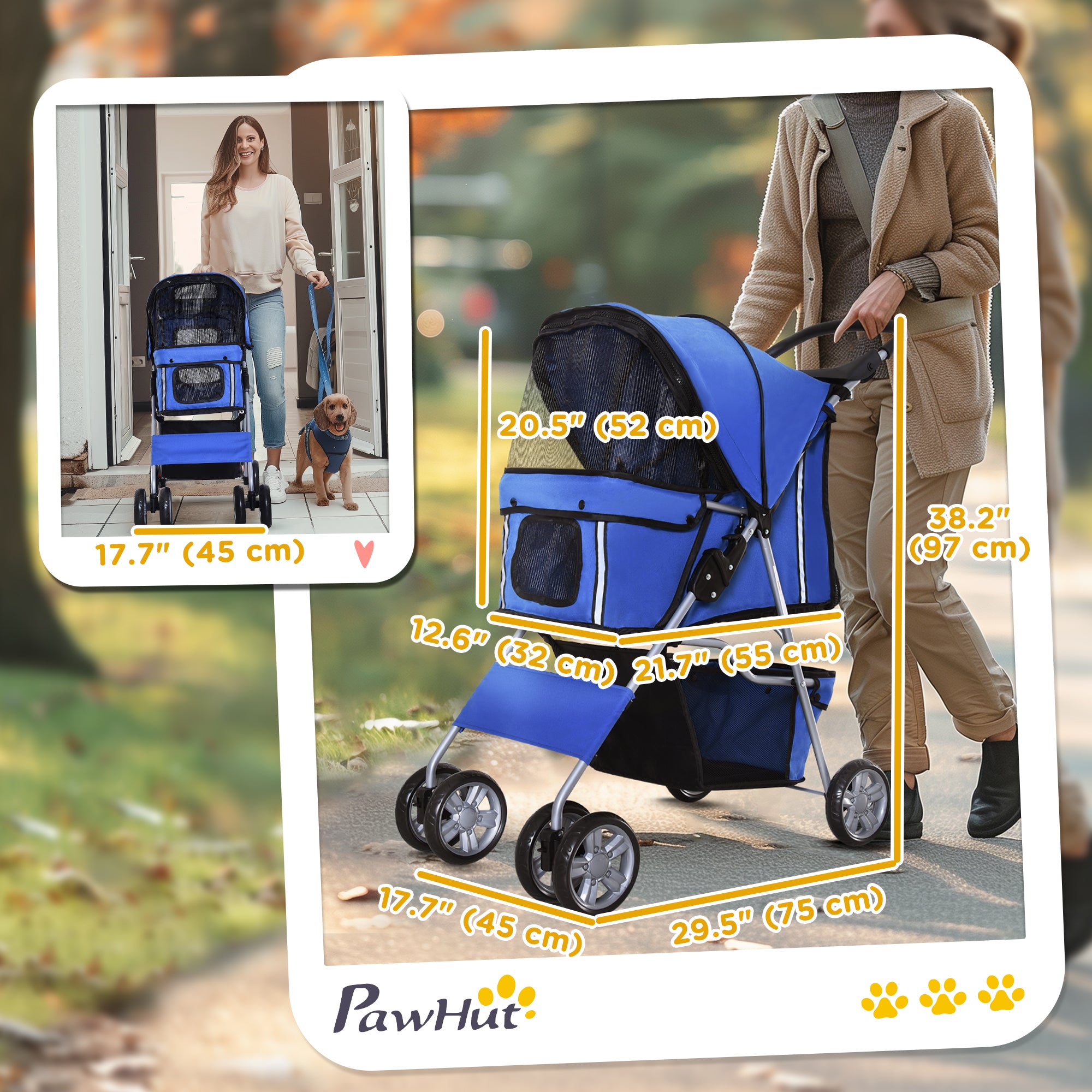 PawHut 4 Wheel Dog Pet Stroller Dog Cat Carrier Folding Sunshade Canopy with Brake, Blue