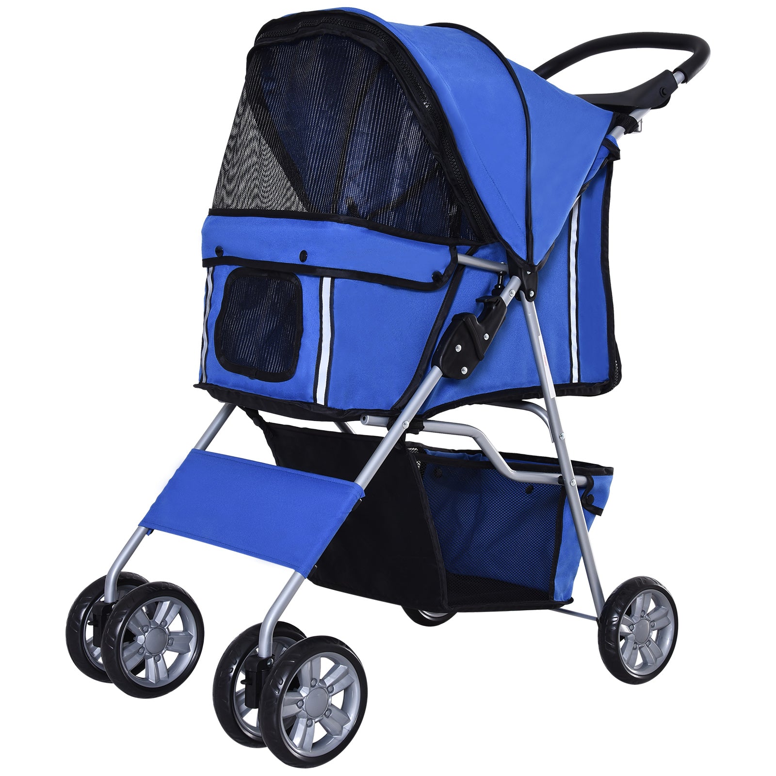 PawHut 4 Wheel Dog Pet Stroller Dog Cat Carrier Folding Sunshade Canopy with Brake, Blue