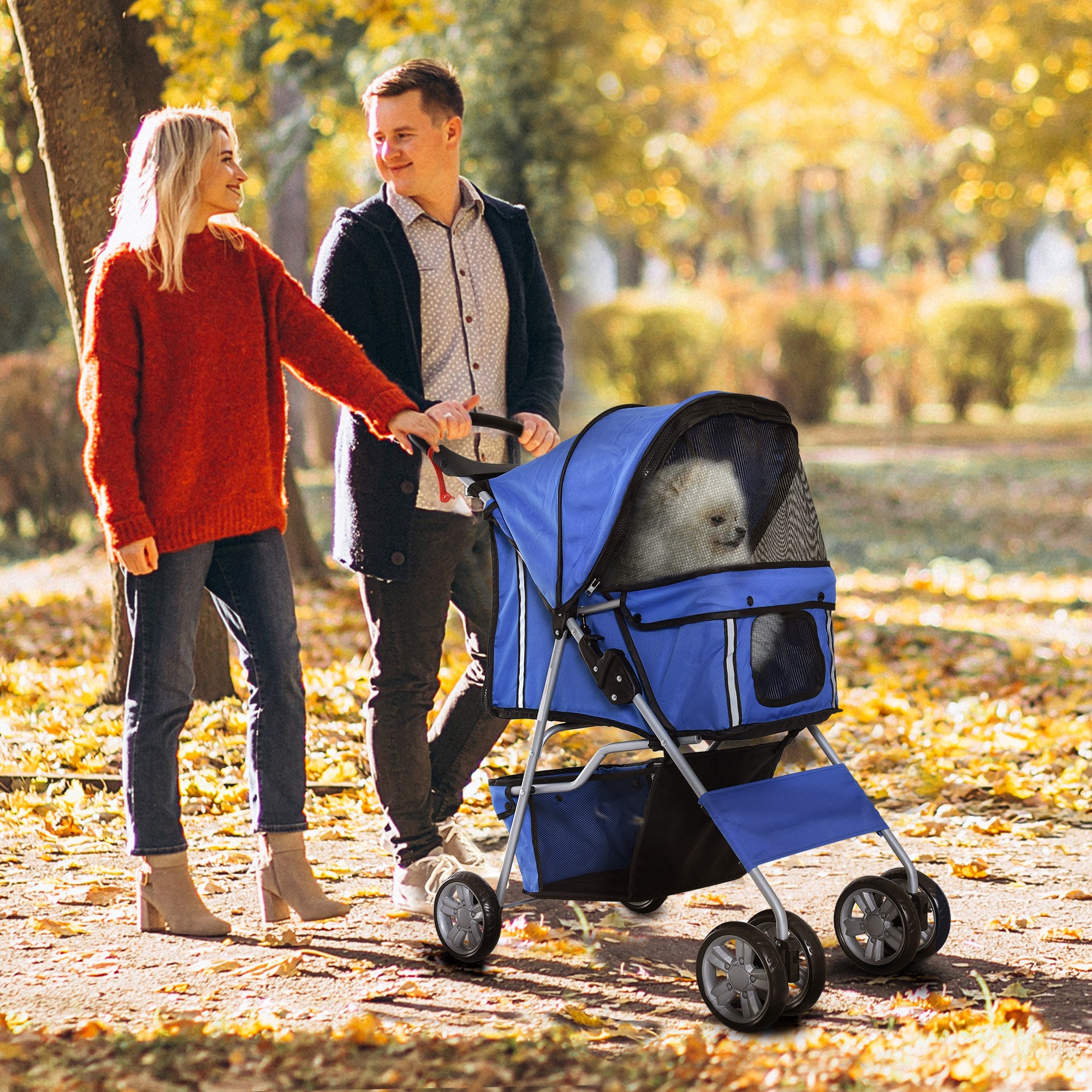 PawHut 4 Wheel Dog Pet Stroller Dog Cat Carrier Folding Sunshade Canopy with Brake, Blue