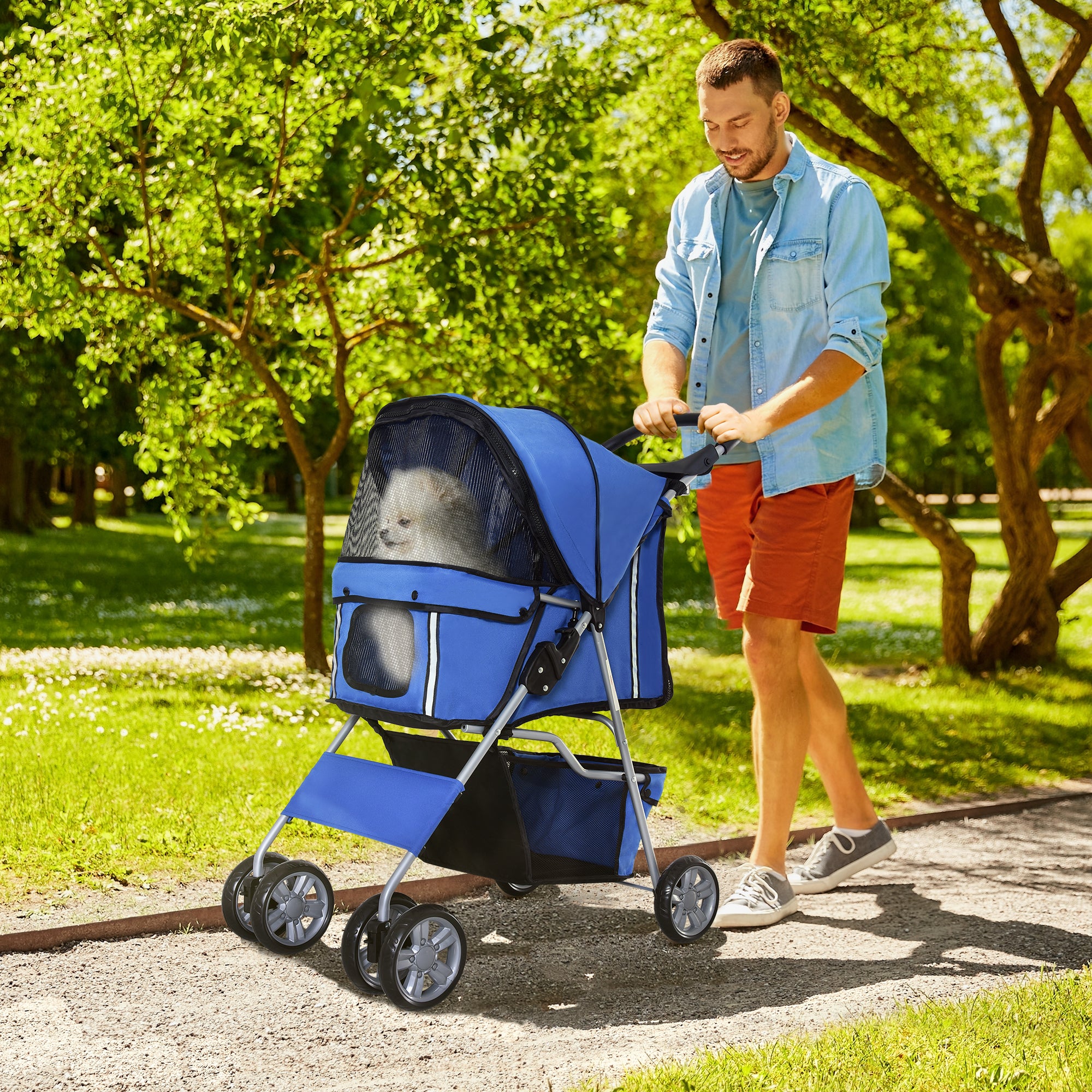 PawHut 4 Wheel Dog Pet Stroller Dog Cat Carrier Folding Sunshade Canopy with Brake, Blue