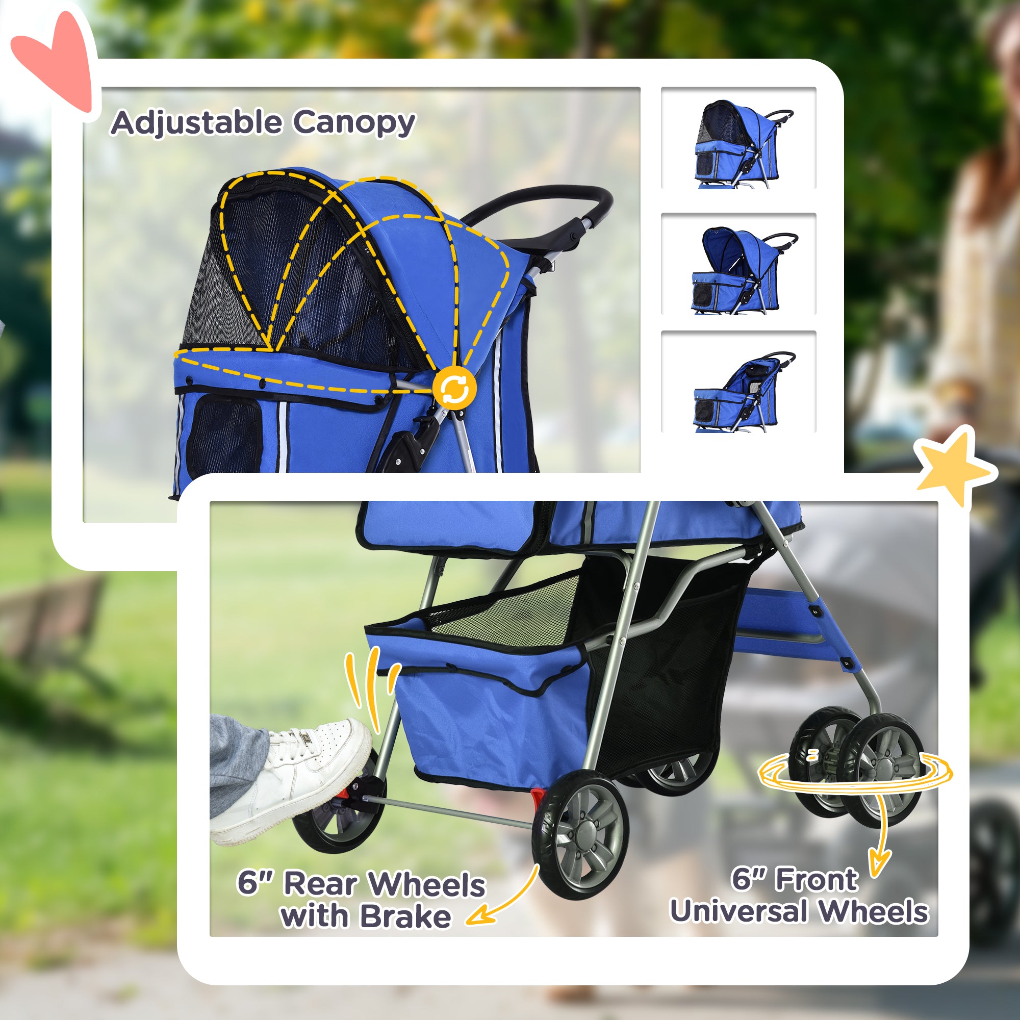 PawHut 4 Wheel Dog Pet Stroller Dog Cat Carrier Folding Sunshade Canopy with Brake, Blue